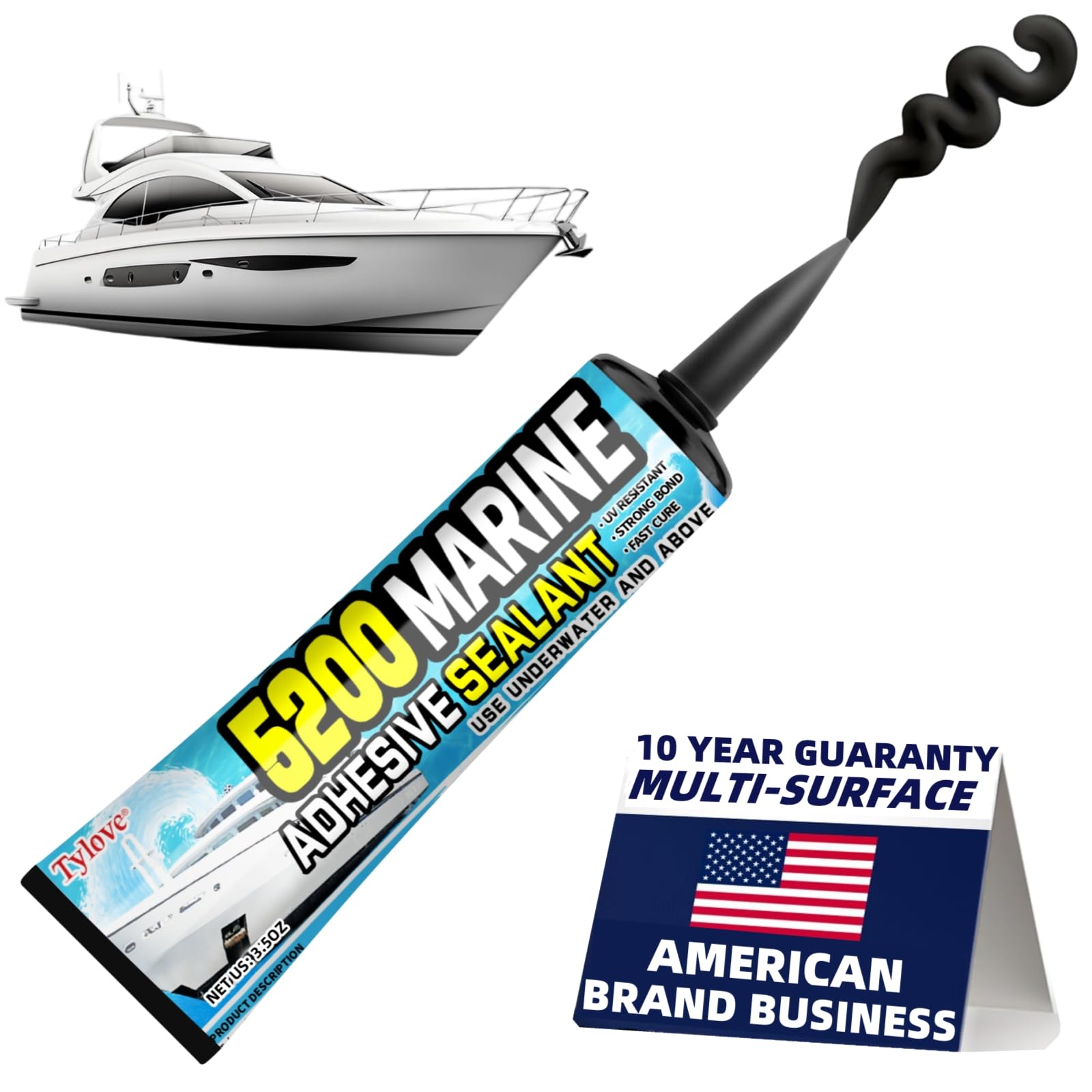 [Black] 3oz Marine Adhesive Sealant 5200 Fast Cure - Permanent, Watertight Bonding and Sealing - UV Resistant, Above & Below Waterline- for Boats, Hulls, Decks & RVs,Pond Sealant