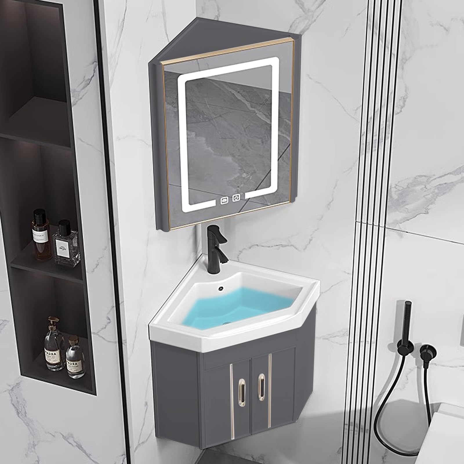 DFGHNBVC Corner Bathroom Vanity Cabinet With Sink, Led Medicine Cabinets Anti-Fog, Wall Mounted Utility Basin For Home Kitchen Patio,Grey-48Cm/19In