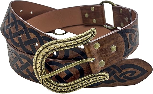 Brown Viking PU Leather Belt, Renaissance Knight Leather Belt, Medieval Celtic Knot Belt, Nordic Embossing Belt for Men