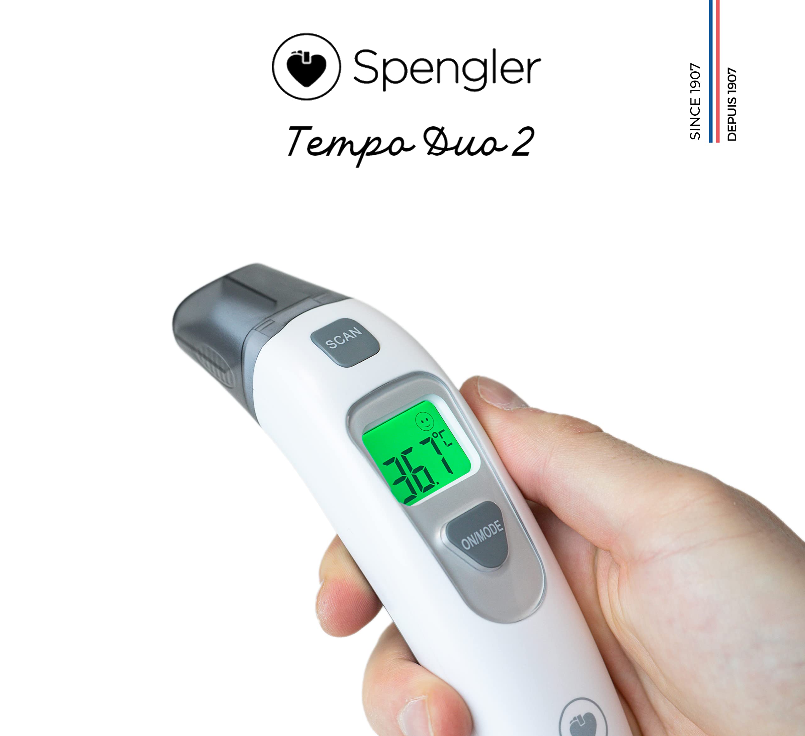 SPENGLER Tempo Duo II, termometro a infrarossi frontale e auricolare, per presa di temperatura veloce e affidabile, ultra preciso, versatile, performante, schermo retroilluminato in 3 colori