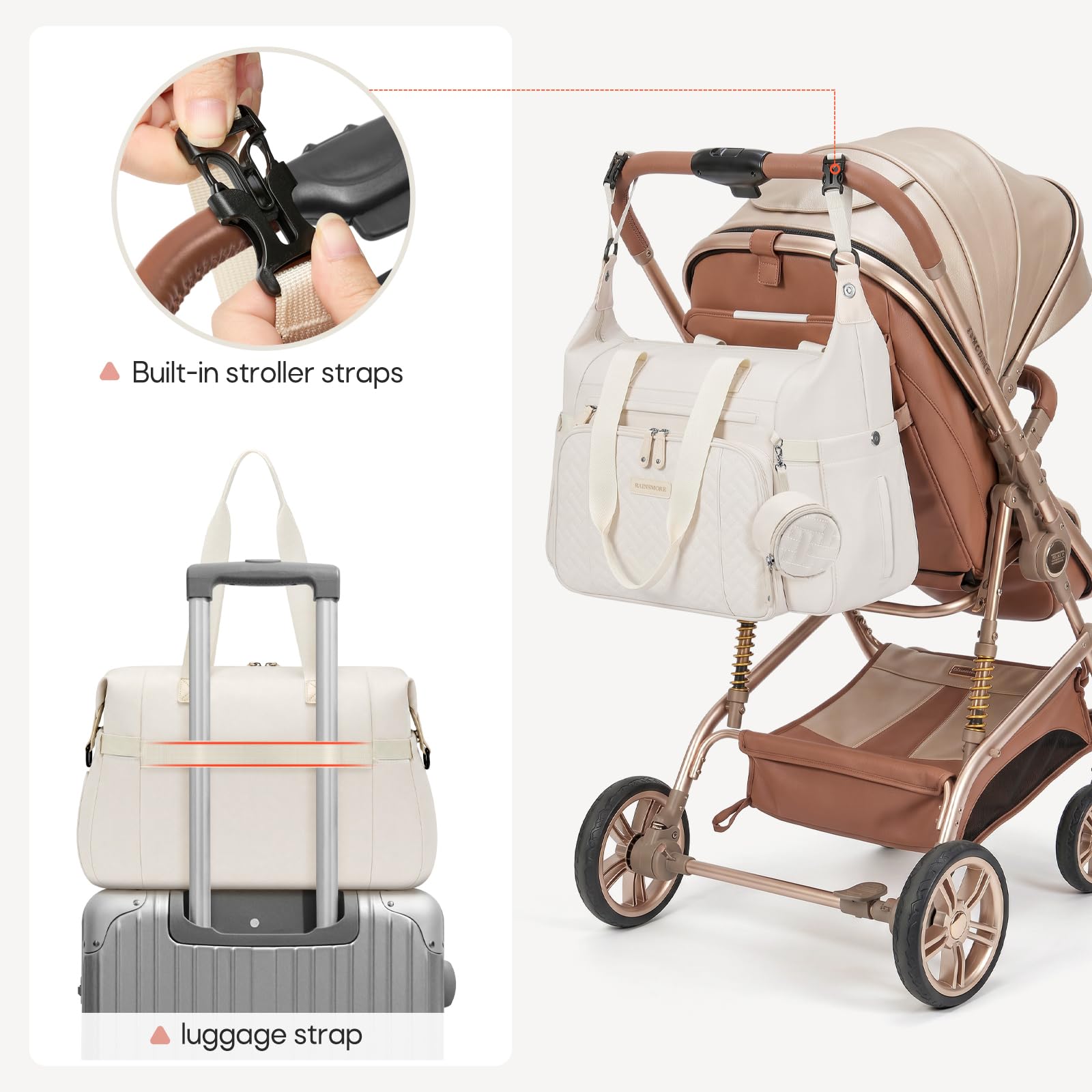RAINSMORE Borsa Cambio Neonato con Fasciatoio per Passeggino Impermeabile | Borsa Fasciatoio Neonato Bambini per Mamma Papà Grande Capacità Multifunzionale con Tasca Termica Borsa per Ciuccio Bianco
