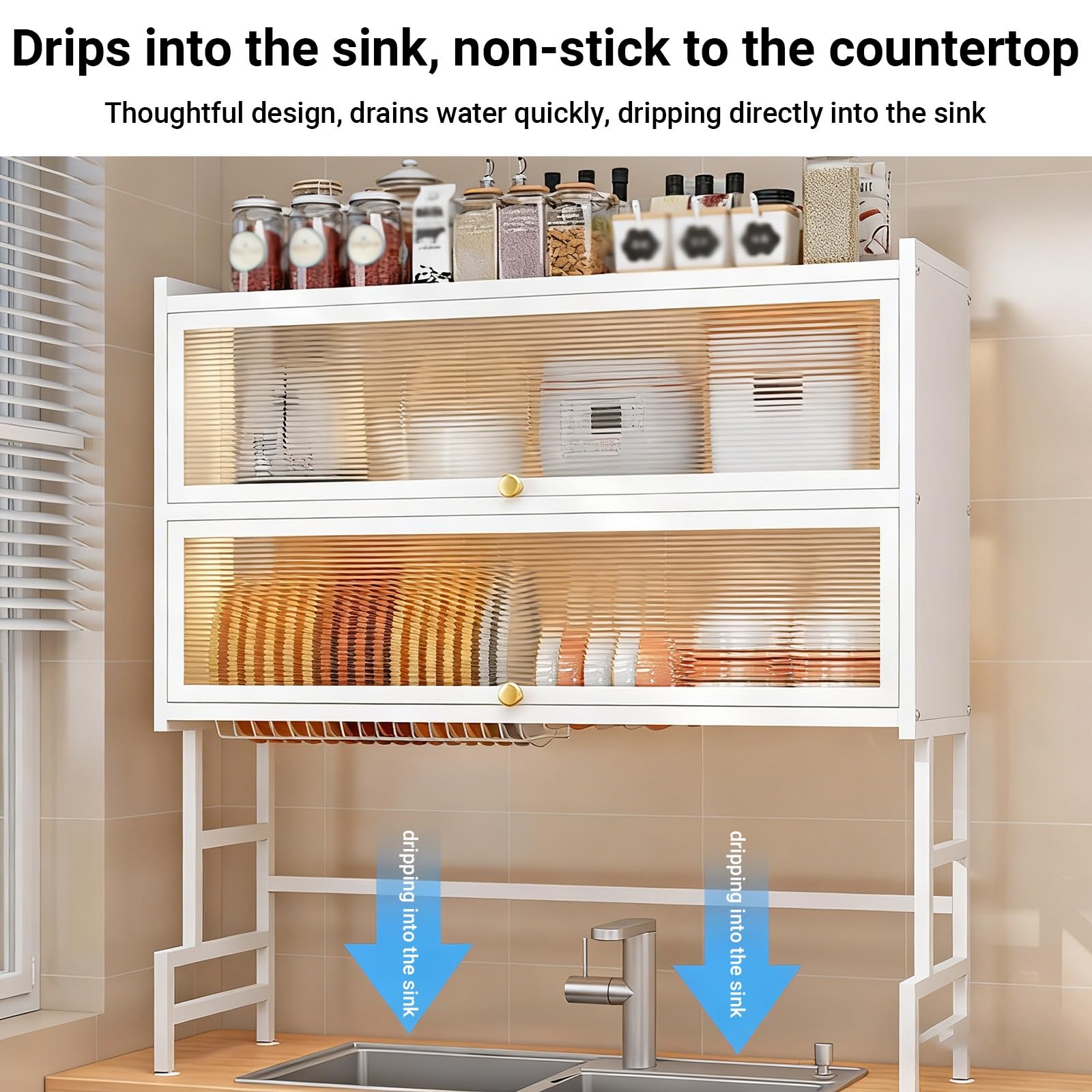 Escurridor de platos sobre el fregadero, escurridor de platos de tres niveles con cubierta, escurridor de platos de cocina que ahorra espacio, organizador para platos, vasos, cuencos (negro, 95 cm)