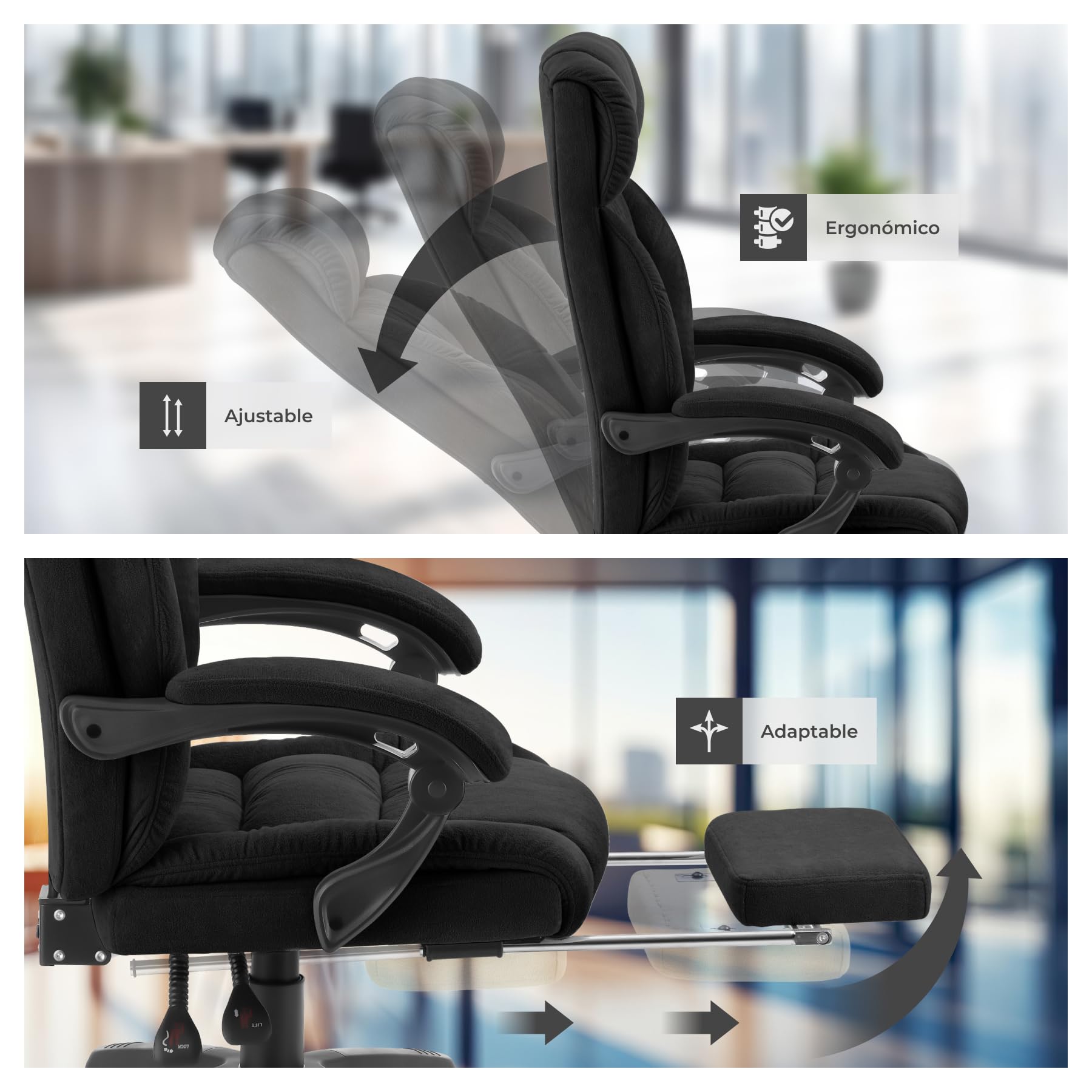 tectake® Silla Oficina Ergonomica con Reposapiés Desplegable, Mobiliario de Oficina, Reposabrazos Ajustables, Sillas Oficina, Sillón, Silla Escritorio, Sillas Escritorio - Negro