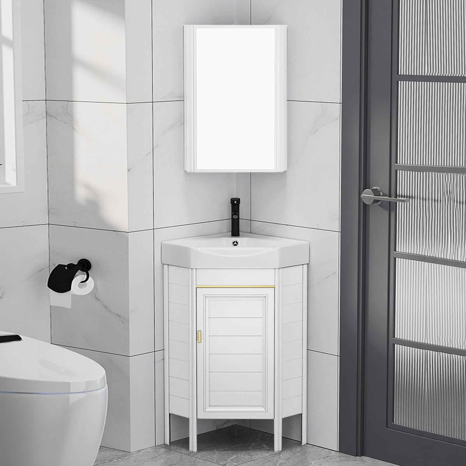 DFGHNBVC Space-Saving Corner Bathroom Vanity With Sink Medicine Cabinet, Floor Standing Design For Compact Areas,White-38Cm/15In