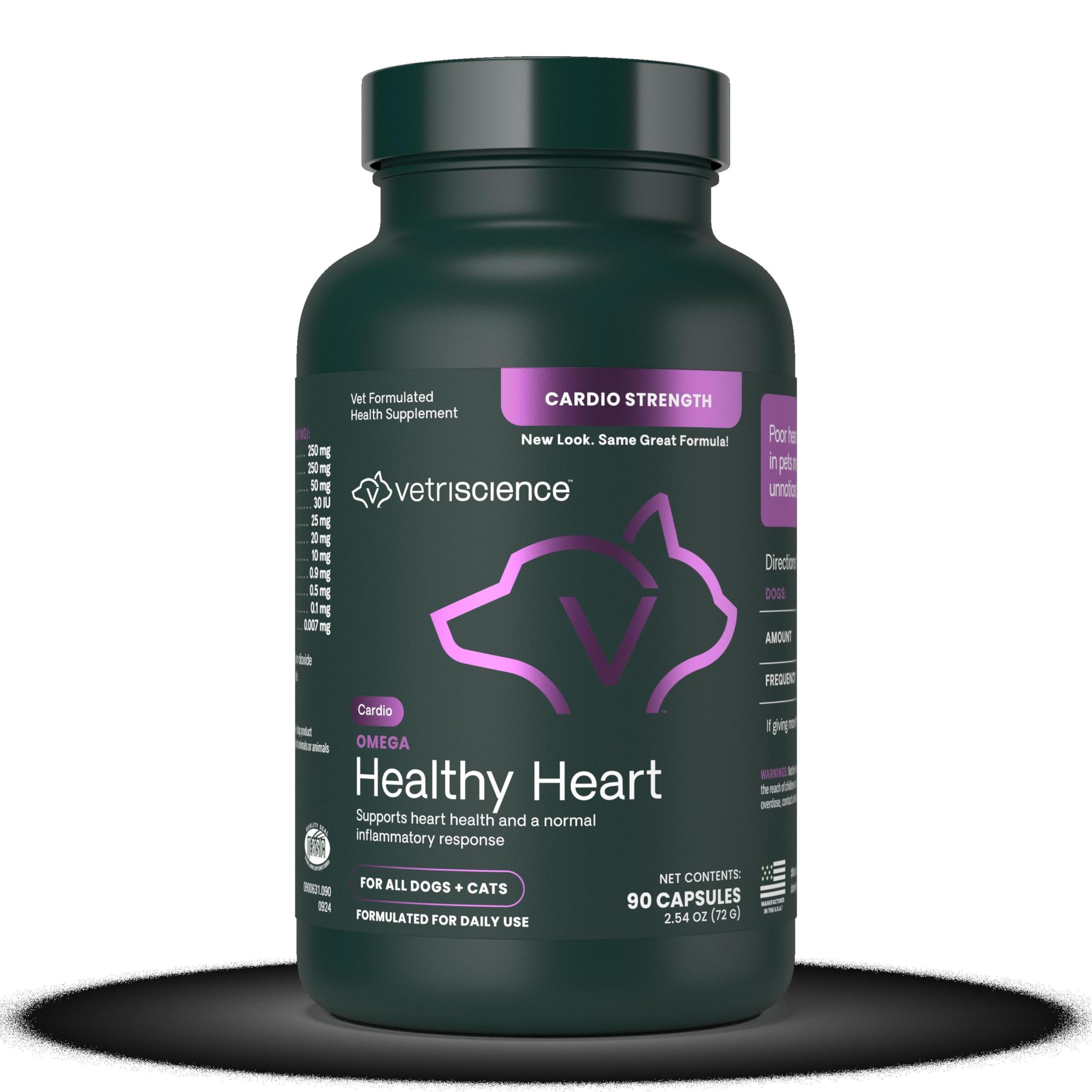 VetriScience Omega Healthy Heart Easy-Open Capsules, Cardio Strength Taurine and Omega-3 Supplement for Dogs and Cats, Heart Support Supplement for Pets, 90 Count