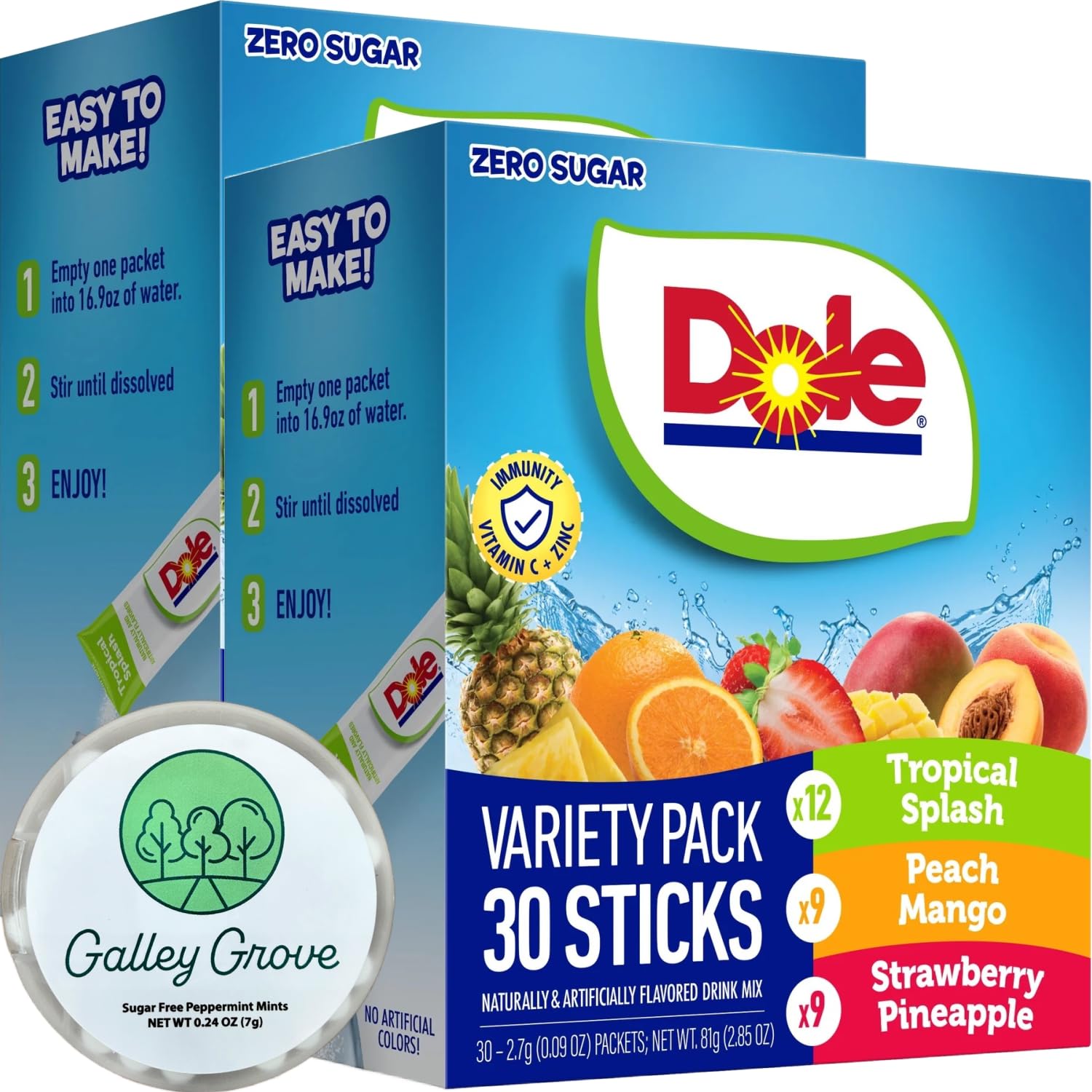 Dole Sugar-Free Powder Drink Mix Tropical Variety Pack, 60 On-the-Go Packets (Orange Pineapple, Peach Mango & Strawberry Pineapple) with Galley Grove Sugar-Free Breath Mints