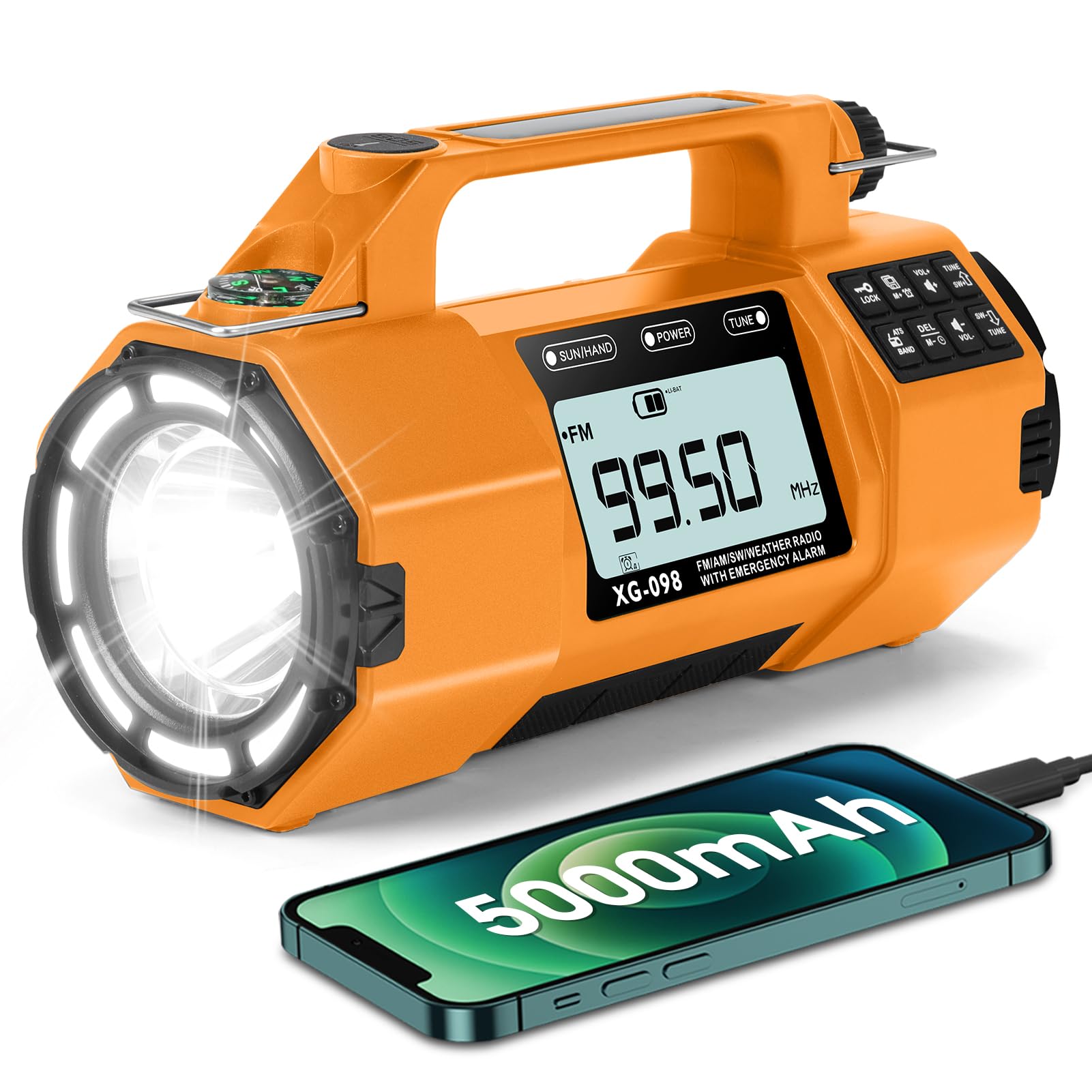 Aufzieh-Solarradio, AM/FM/KW Solar-Handkurbelradio mit größerer Taschenlampe/Lautsprecher, Uhr, 5000-mAh-Akku-Radio mit SOS-Alarm für Innen- und Außenbereich