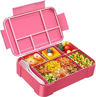 Jelife Kids Bento Box Lunch Box - 1450ml Leakproof 6 Compartments Bento Lunchbox Kids Lunch Boxes with Food Utensils for Back to School, Book-Style Lunch Snack Containers for Toddler Daycare, Pink