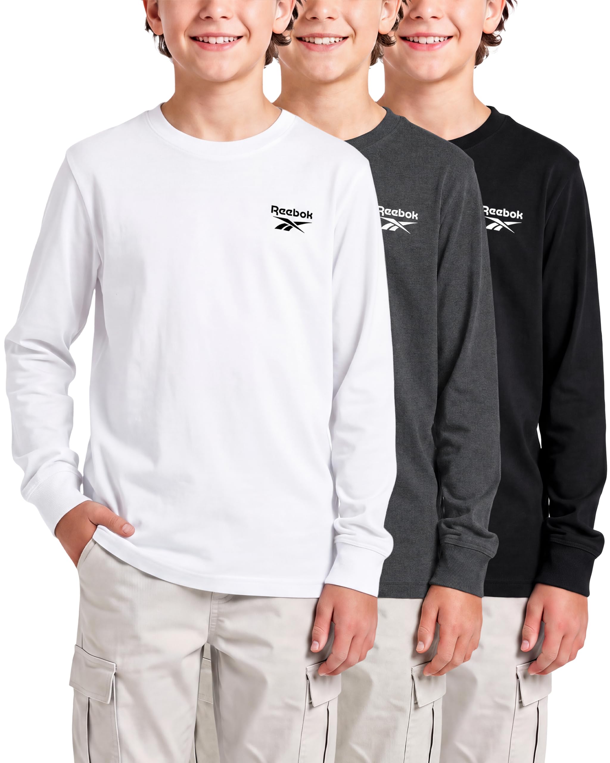 Reebok 3 Pack Boys Long Sleeve Athletic Shirts Tshirts Tees Cotton Kids Youth Teen