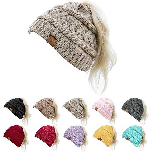 Pukavt 1&2 Pack Winter Hat Ponytail Beanie Hat for Women, Soft Stretch Cable Knit Messy Bun Beeanie,Trendy Gifts for Women