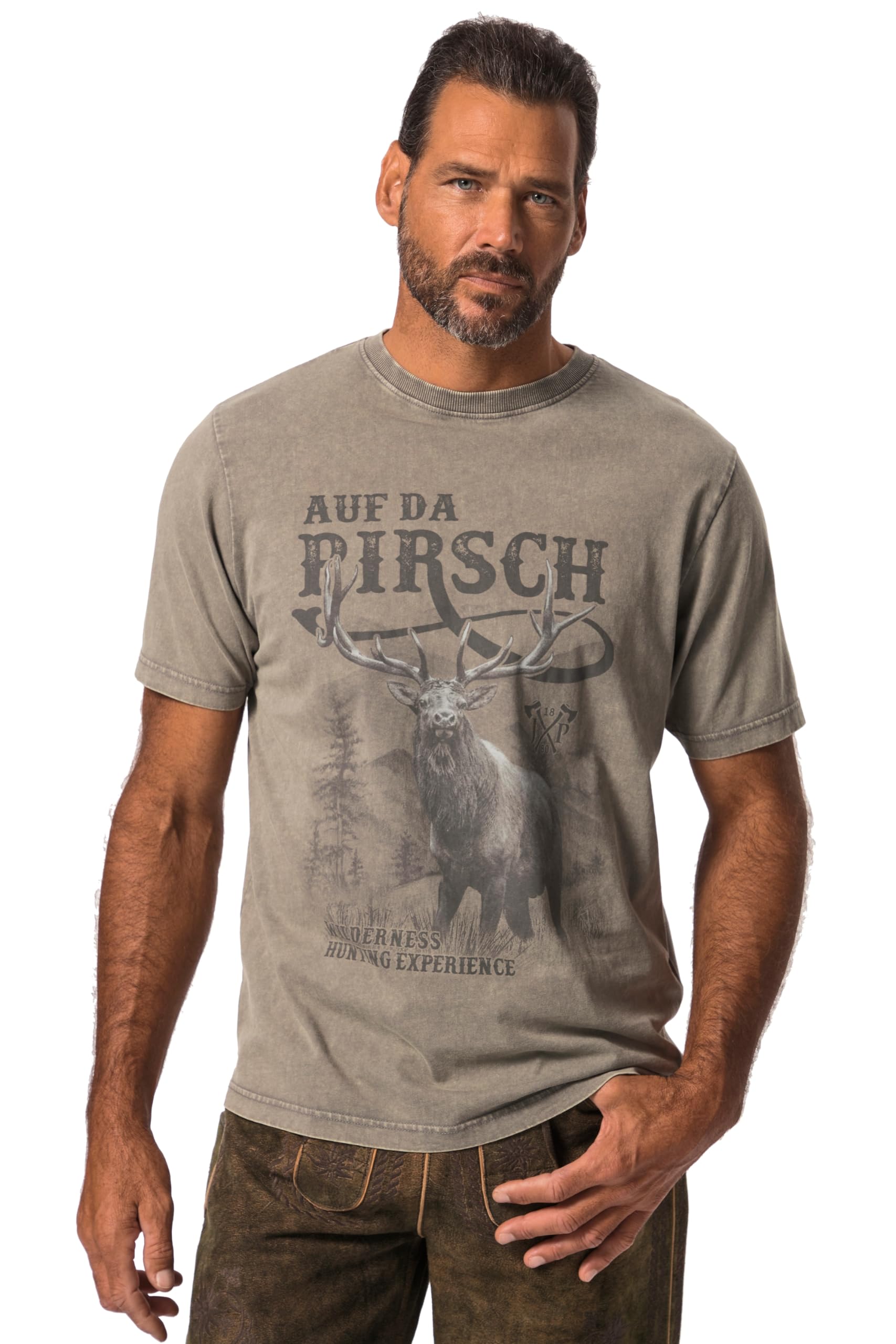 JP 1880 818508 Men's Large Sizes Menswear L-8XL T-Shirt, Traditional Costume, Half Sleeve, Large Print, Vintage Look, Chest Print, Crew Neck