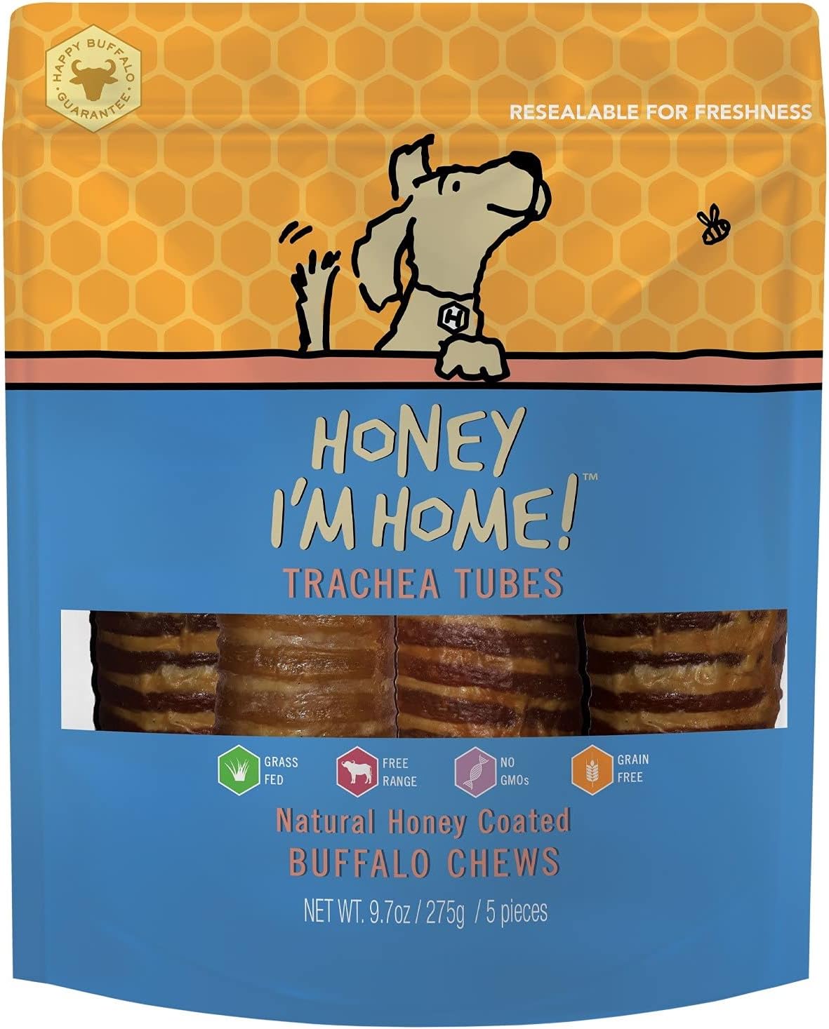 Honey I'm Home Natural Honey Coated Buffalo Trachea Tubes Dog Treats, 5 Pieces - All-Natural, Grain-Free, Healthy Chew for Dogs