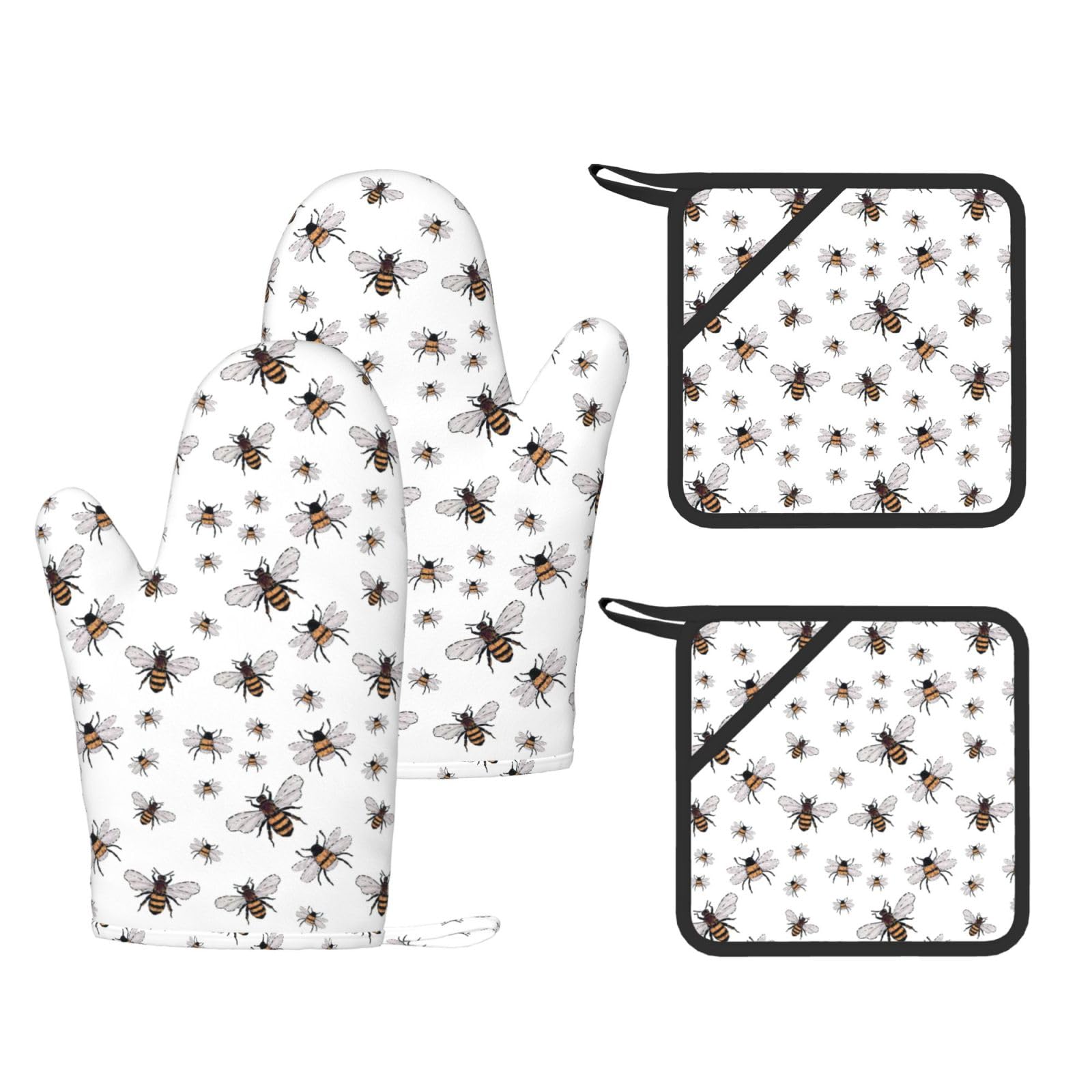 Nimongt Black Funny Bees Print Heat Resistant Gloves Pads Reusable Kitchen Set Oven Baking Grilling Cooking