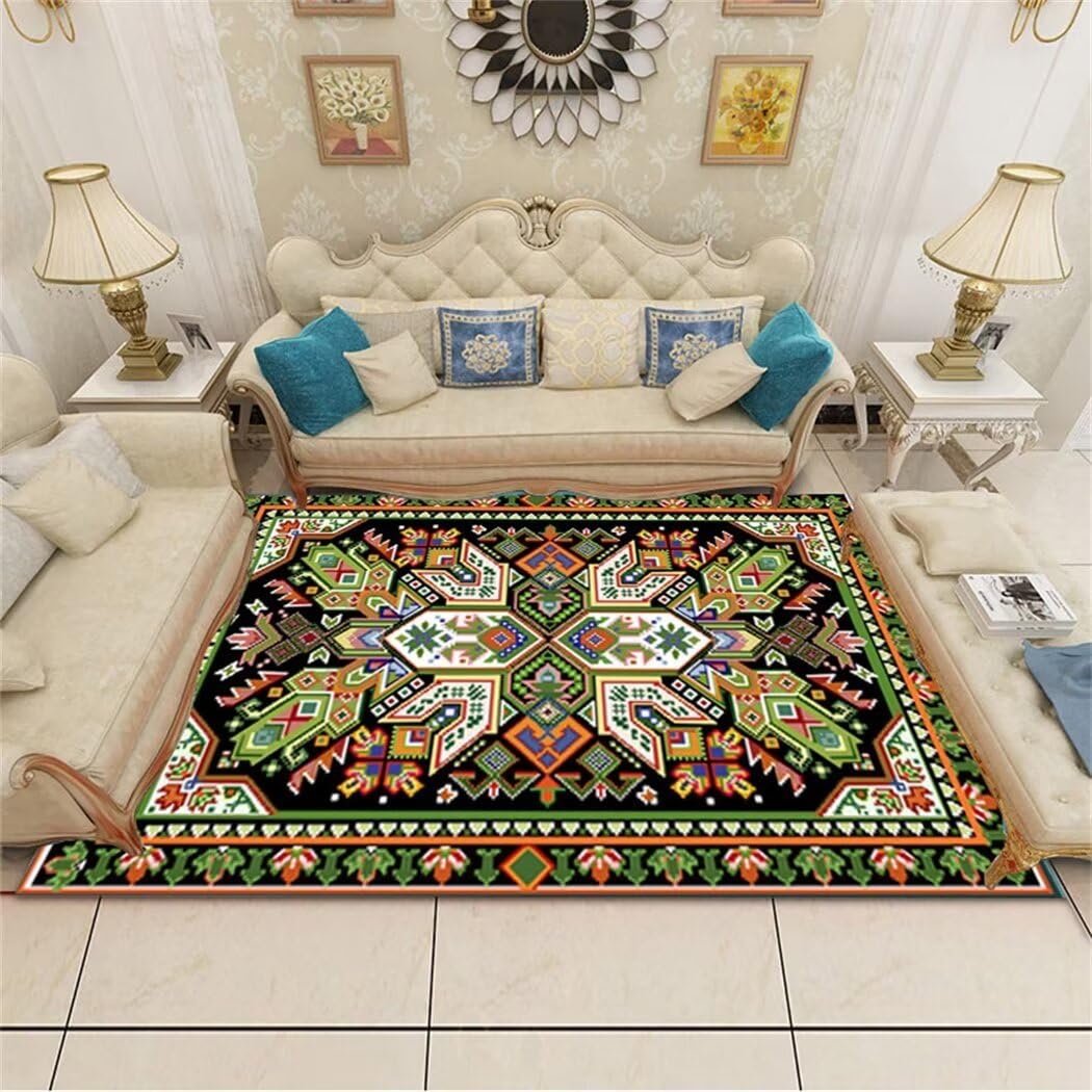Tapis doux et résistant aux taches motif ethnique rétro vert 200x250