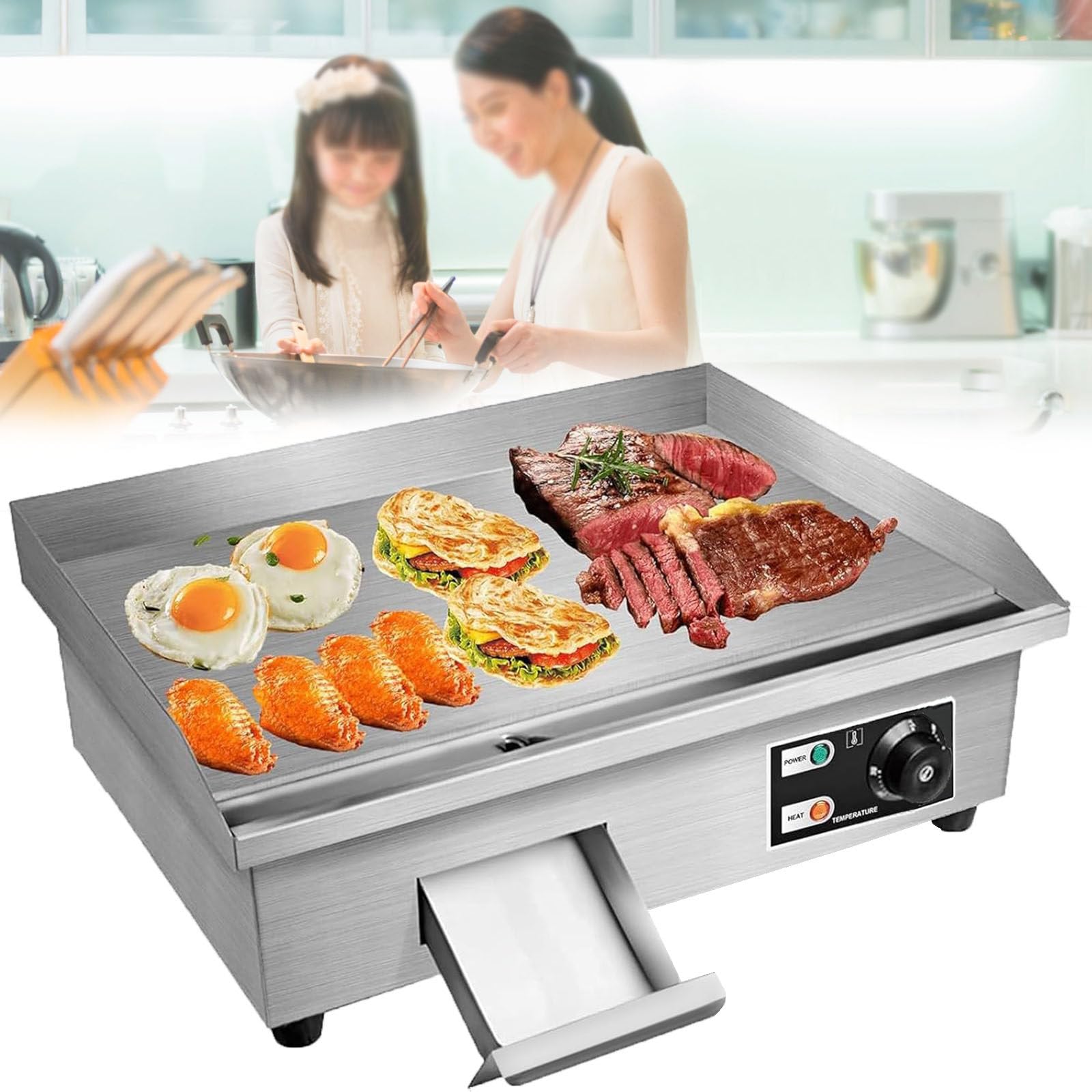 Piastra Elettrica da 22" per Uso Commerciale, Piastra da Appoggio, Contenitore per Olio Rimovibile, Temperatura Regolabile 50-300 ℃, Griglia Teppanyaki per Cucina del Ristorante,220V