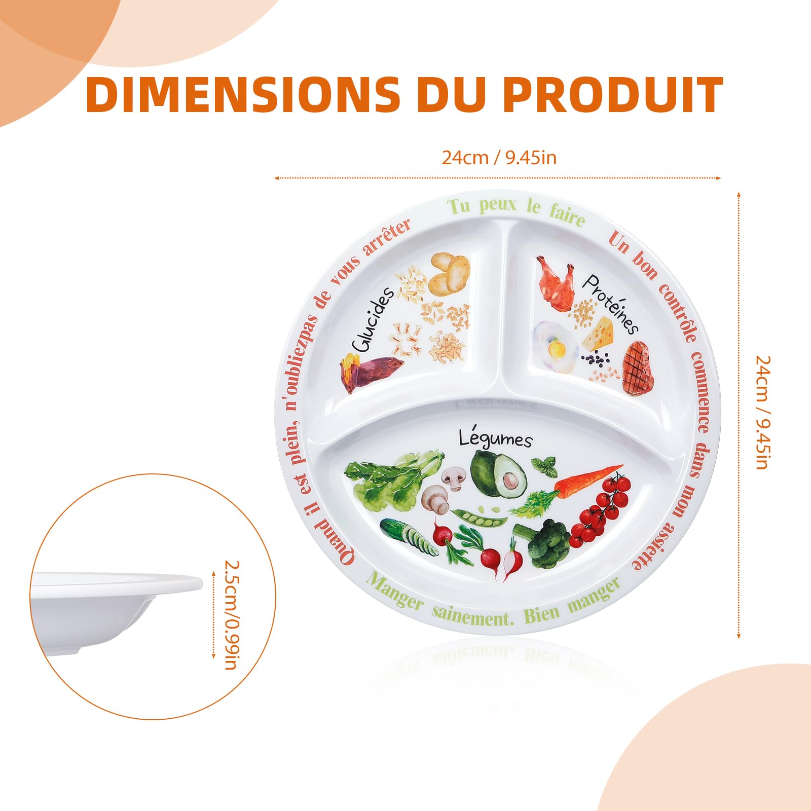 Plato de control de porciones para una dieta equilibrada, plato de alimentación saludable para adultos y adolescentes, divisiones de melamina, pérdida de peso, diabetes (texto en francés) (4)