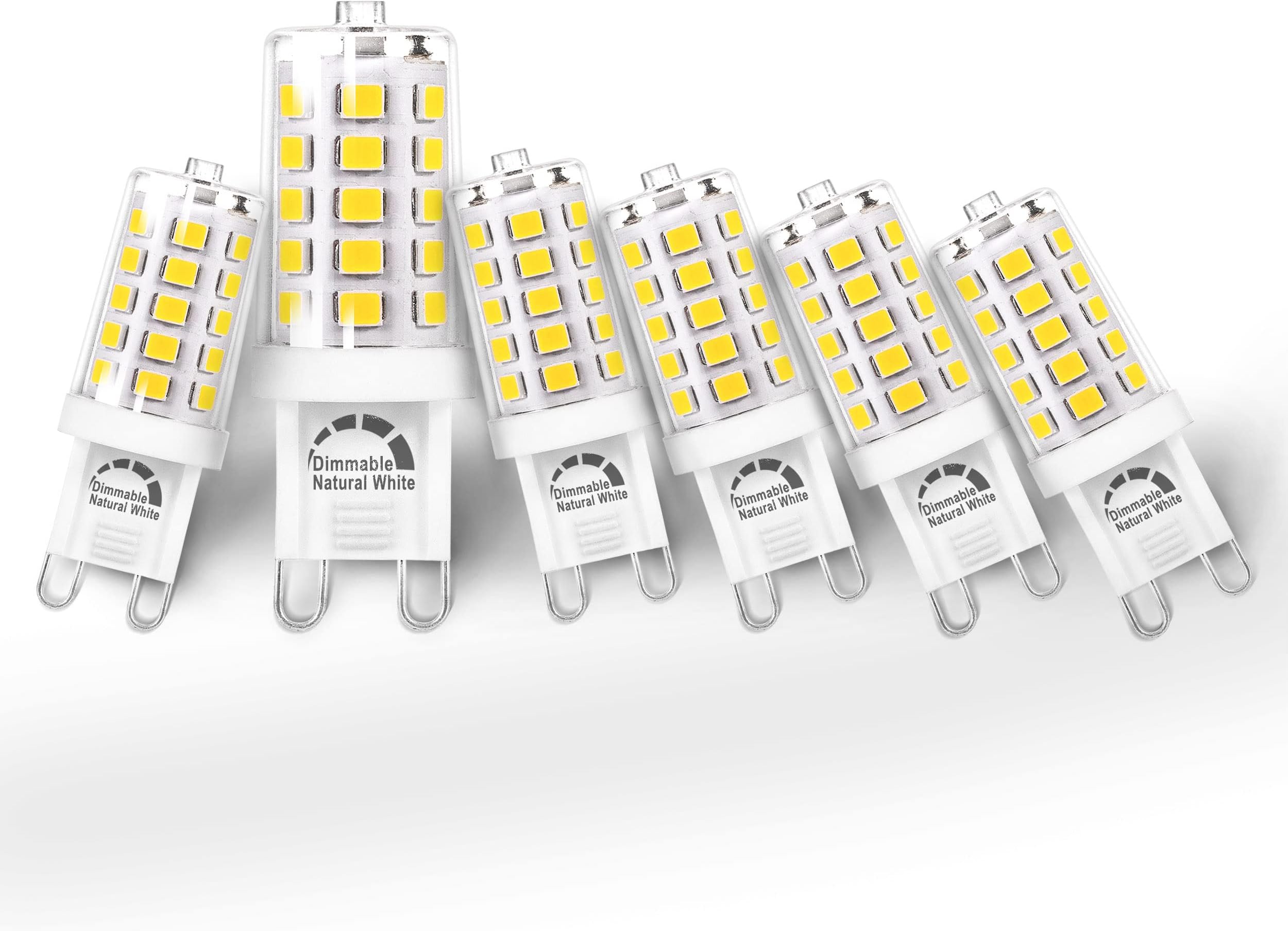 Heifymi G9 LED Bulb Dimmable 5W 4000K Natural White, Replace G9 40W Halogen Equivalent, AC120V G9 Bipin Base LED Bulbs for Chandelier Pendant Light, 0-100% Dimmable, No Flicker, 400LM(6pack)