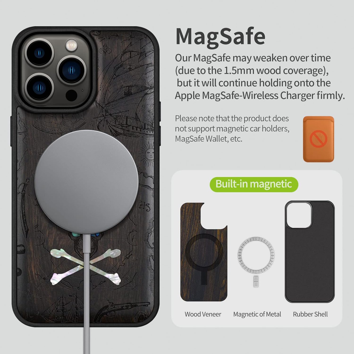 Carveit Designer Wooden Protective Magnetic Case for iPhone 14 Pro Max Case [Wood Engraving & Shell Inlay] Wood Phone Cover Compatible with 14 Pro Max MagSafe (Pirate Skull-Blackwood)