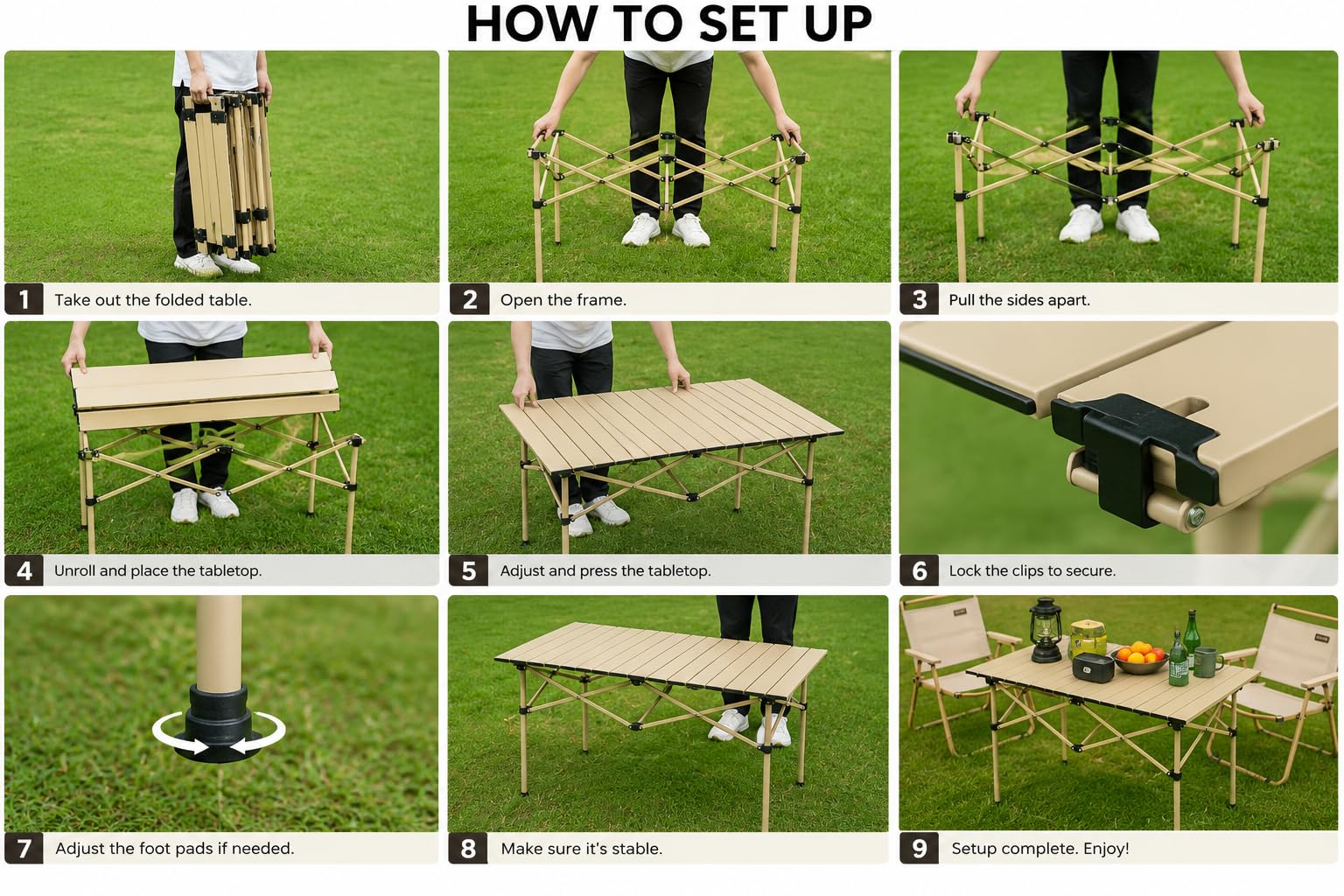 AURINA Foldable Camping Table for Outdoor Picnic & Travel | Portable Lightweight Aluminium Folding Table for Camping, BBQ, Garden, Patio & Beach Use | Compact Roll-Up Picnic Table (Beige) 3