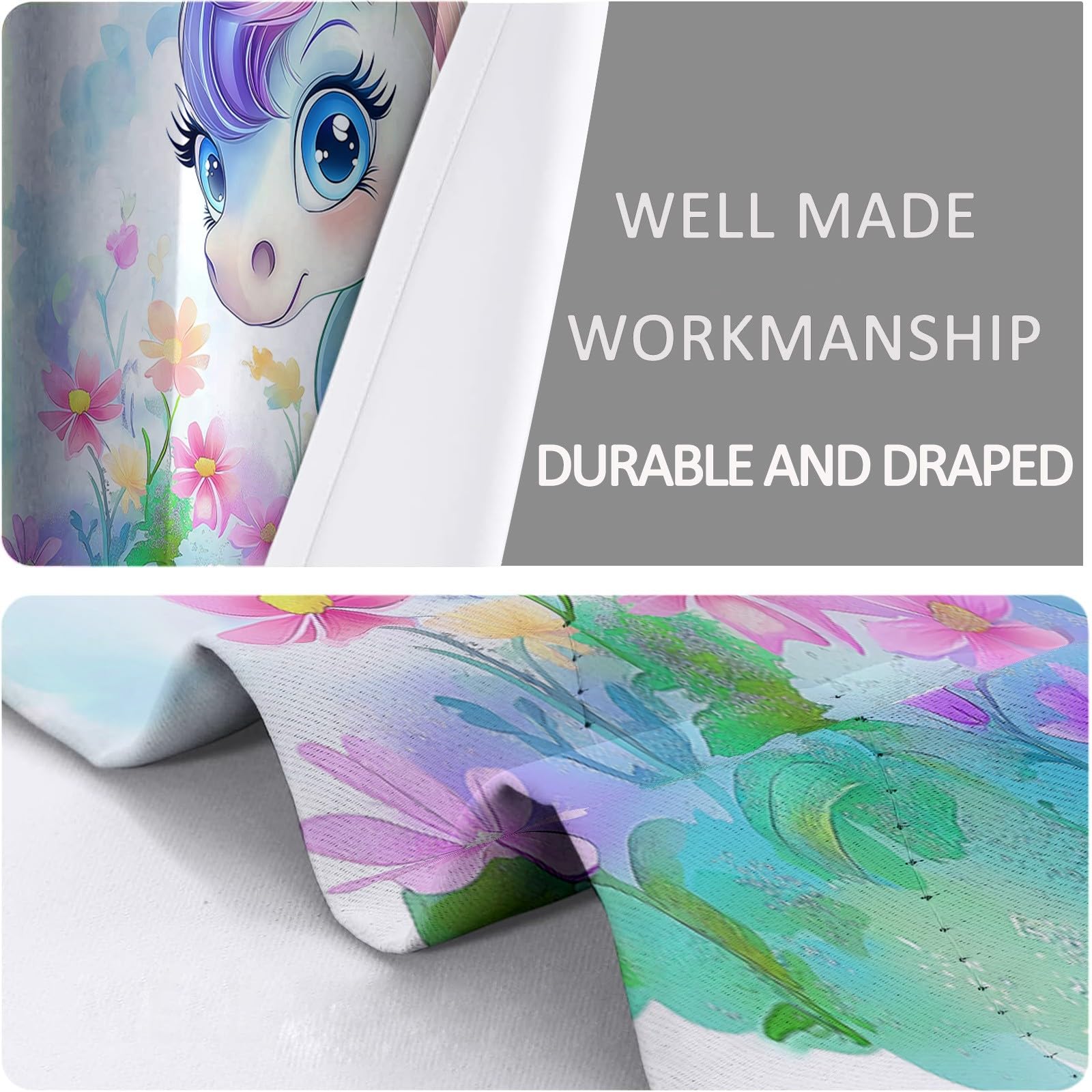 Rideau Occultant Thermique Isolant Anti Froid à Oeillets 183 x 214 cm Licorne Animal De Dessin Animé Anti Bruit Décoration de Rideau pour Chambre Salon, Couleur
