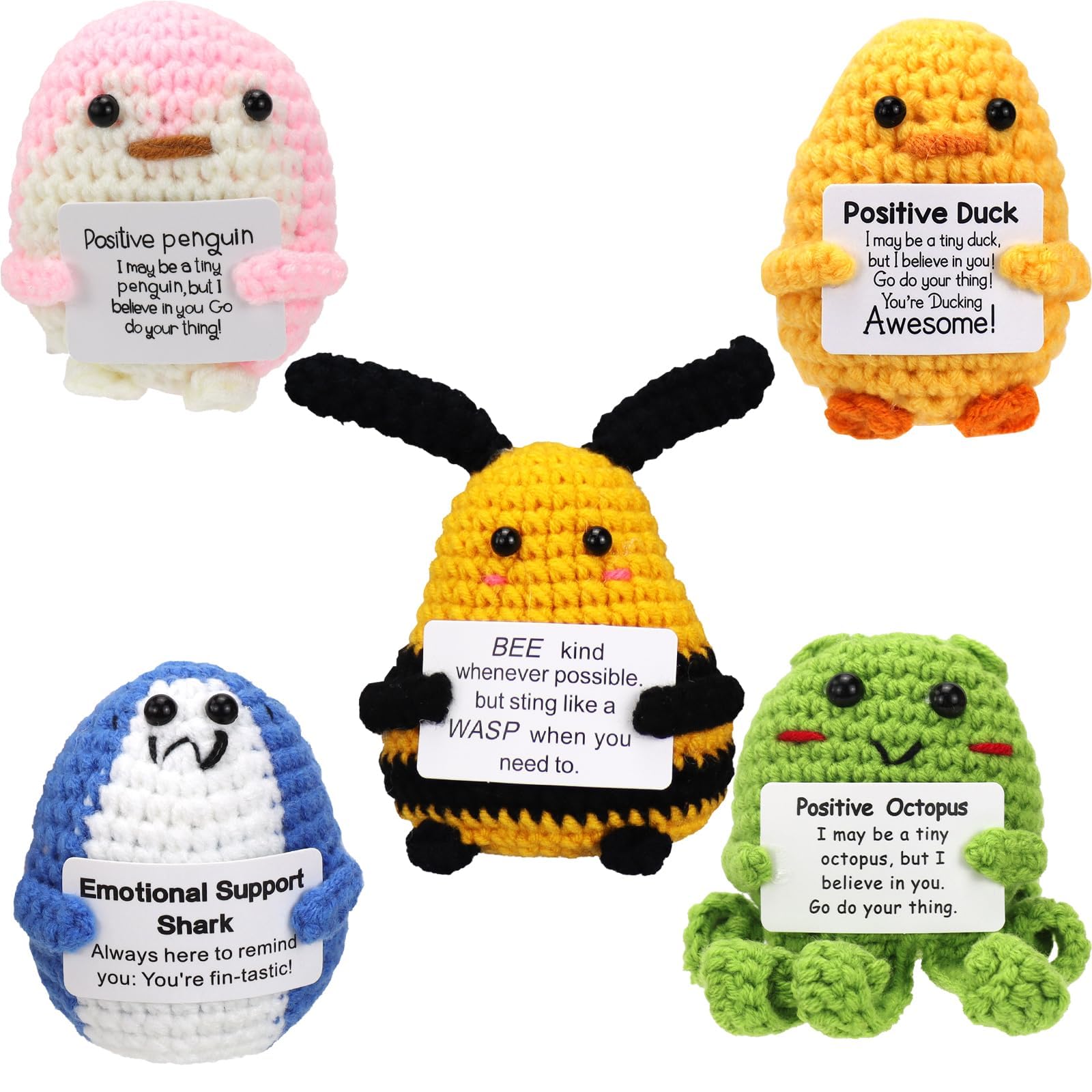 Positive Crochet Animals Pocket Hug 5 Pcs Mini Emotional Support Gifts | Handmade Knitted Yarn Plush Buddies Inspirational Greeting Cards for Mum Friends Office Team Motivation Exam Encouragement
