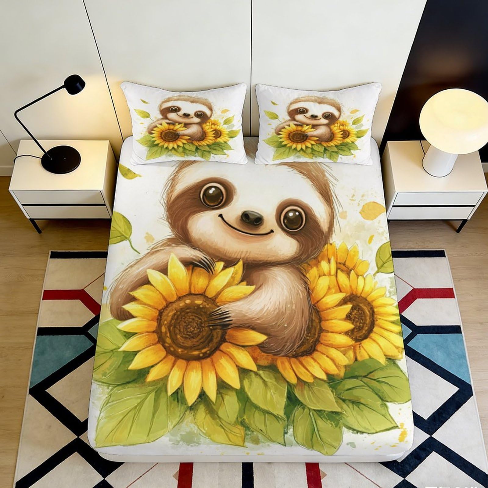 3D Printed Sloth Sunflower Fitted Sheet Microfiber Soft Breathable Cartoon Animal Mattress Cover for Bedroom Decor 120x200x25cm