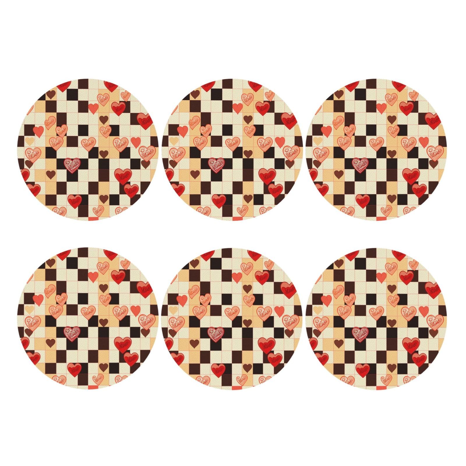 6pcs Leather Coasters for Drinks, Checkerboard Hearts Drink Coasters for Tabletop Protection, 4" Cup Coasters for Coffee Table Decor, Non-Slip Drinking Cup Mat for Hot Or Cold Drink