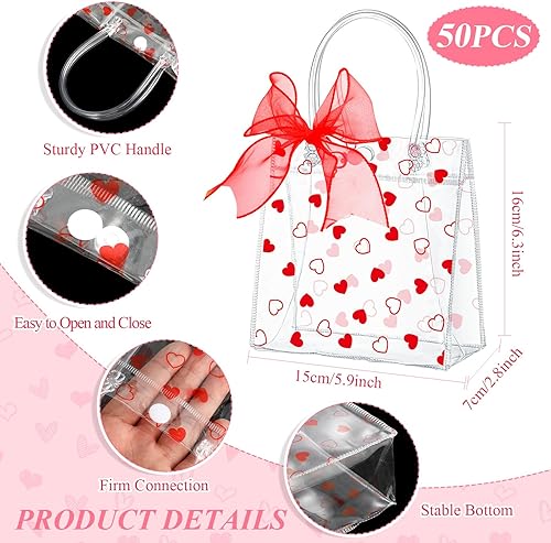 Miniatura 2 de Geyoga 50 bolsas de regalo de corazón de boda con asa de 6.3 x 5.9 x 2.8 pulgadas, bolsa de PVC transparente de corazón transparente, bolsas de