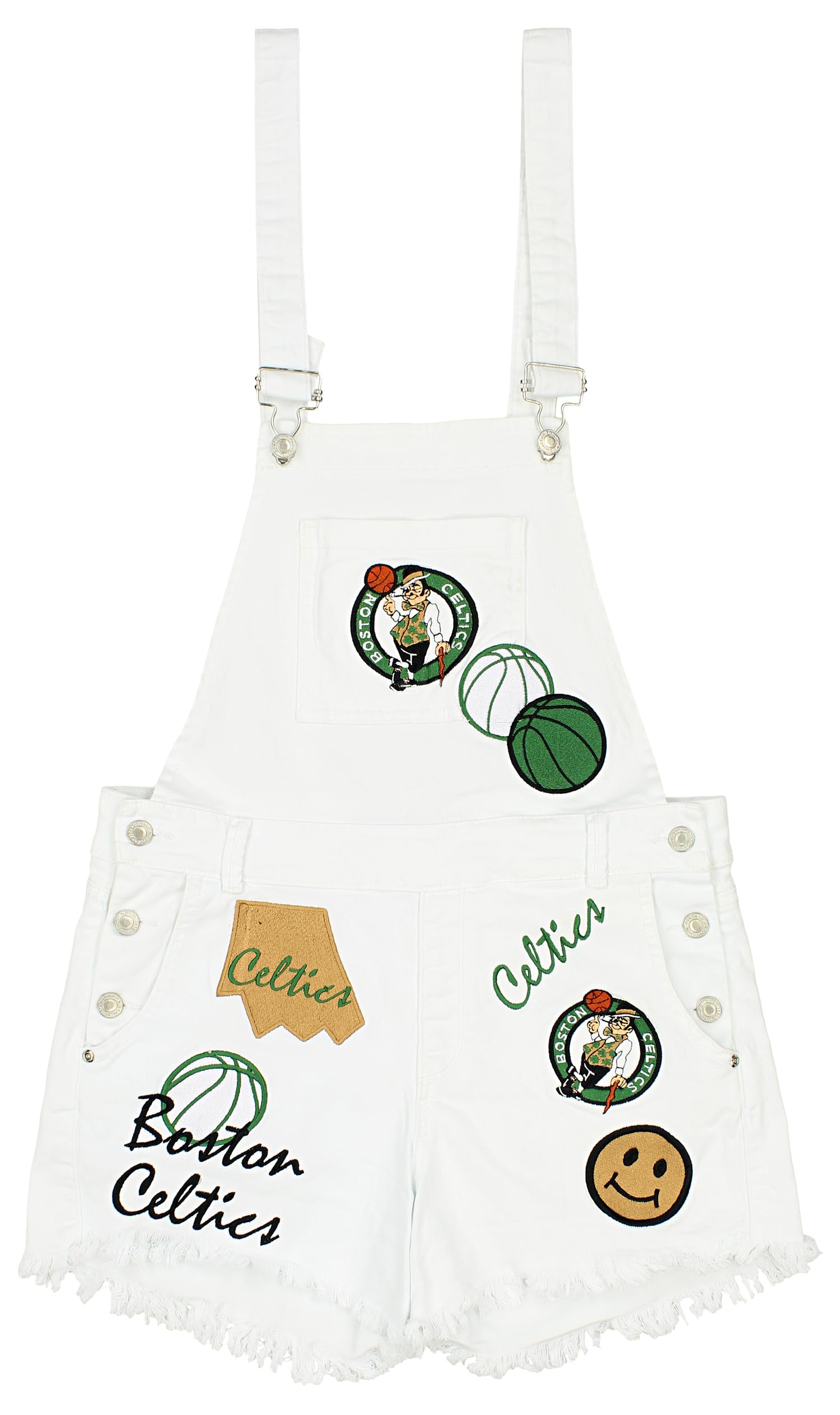 FISLL NBA Teams Women's Distressed White Denim Overall Shorts - Boston Celtics, Large