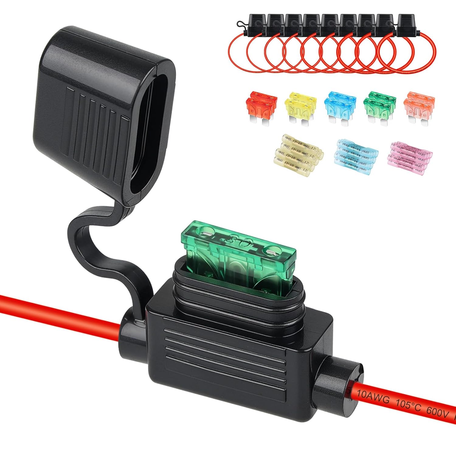 Inline Blade Fuse Holder Kit, 10 Pack 10-18 AWG Heavy Duty Wire with 10A-40A Fuses & Terminals for RV Wiring, Car Boat Motorcycle
