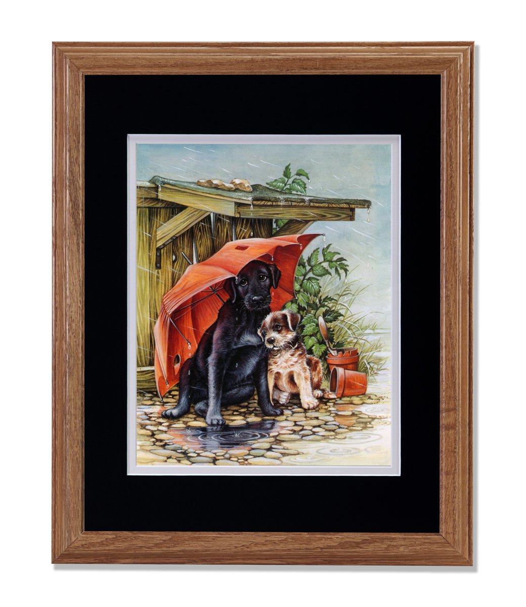 Art Prints Inc Two Puppy Dogs with Umbrella Shelter from The Rain B/W Matted Picture Honey Framed