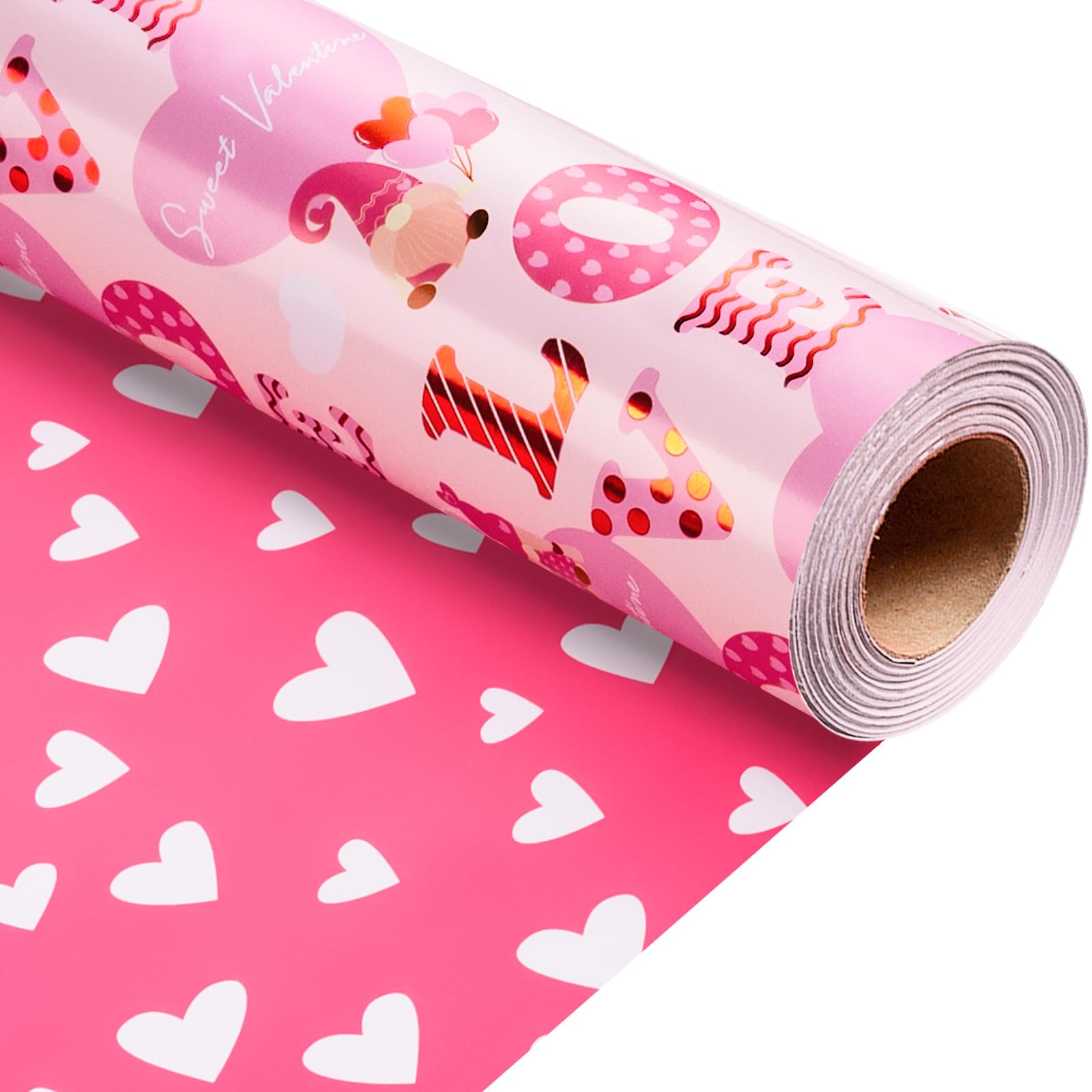 Homeral Pink Valentine's Day Wrapping Paper - Mini Roll - 17 Inch x 33 Feet - LOVE Letters with Metallic Foil Shine & Love Pattern Reversible Gift Wrap for Valentines Day Celebration