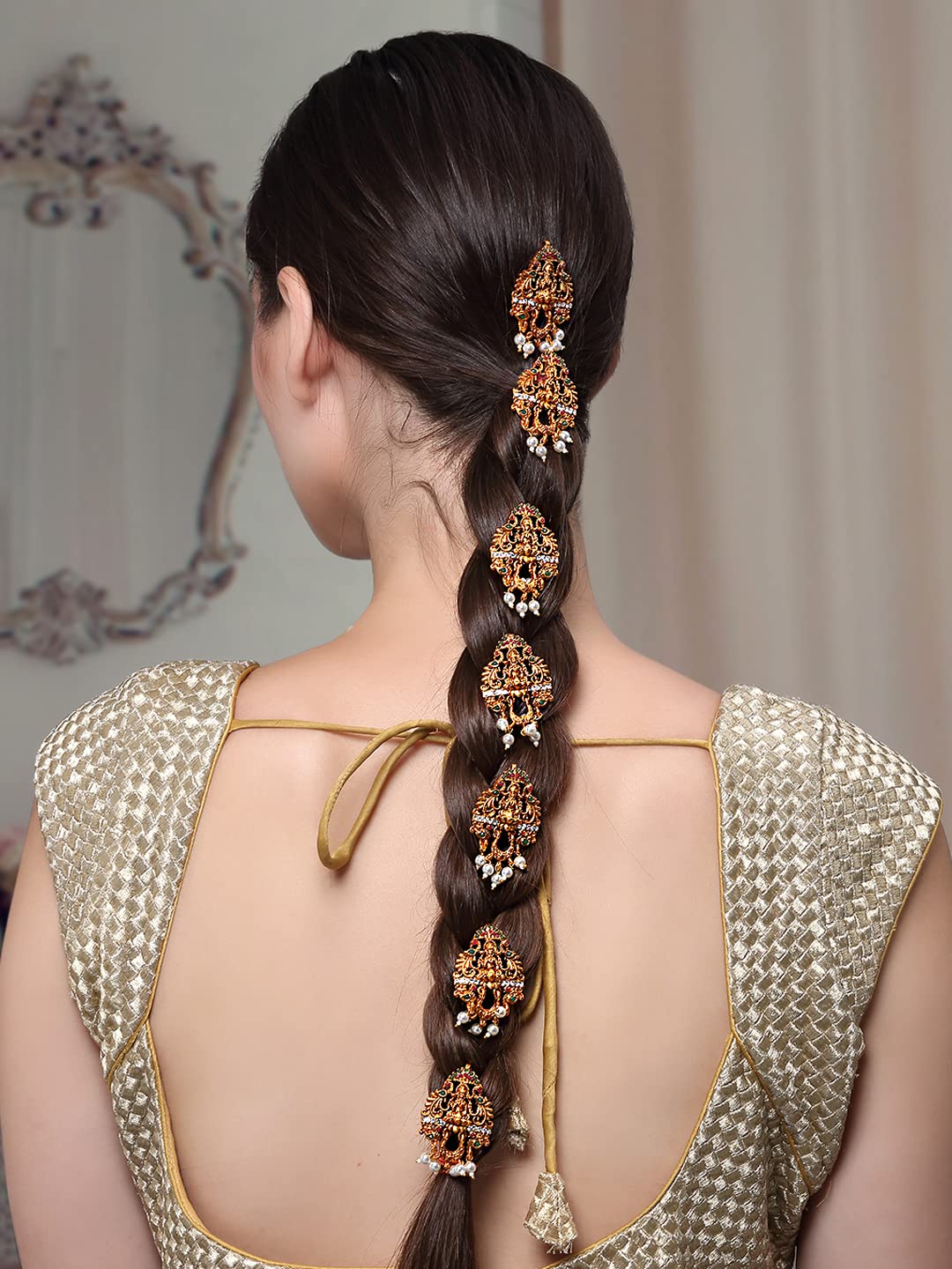 Jadai Billai, 9pc Plated Red Crystal Hair Pin Set