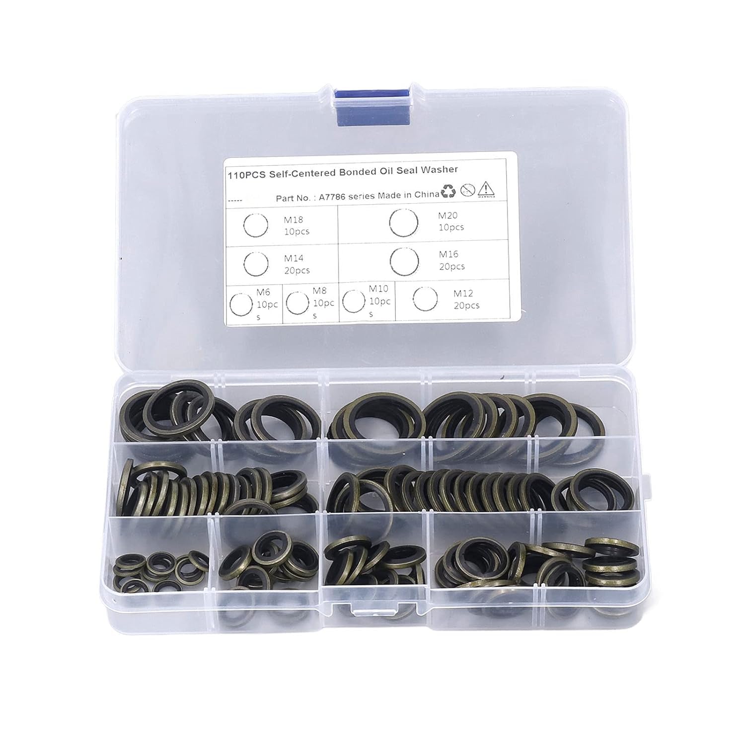 110Pcs Oil Seal Washer Kit Metal Rubber Bonded Sealing Washers M6 M8 M10 M12 M14 M18 M20 with Storage Box for High Temperature Industrial Use