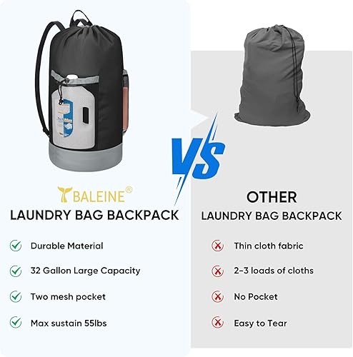 Miniatura 5 de BALEINE Bolsa de lavandería de 120 L, tela Oxford 900D, bolsas grandes de viaje para lavandería con correas para el hombro y 2 bolsillos de malla