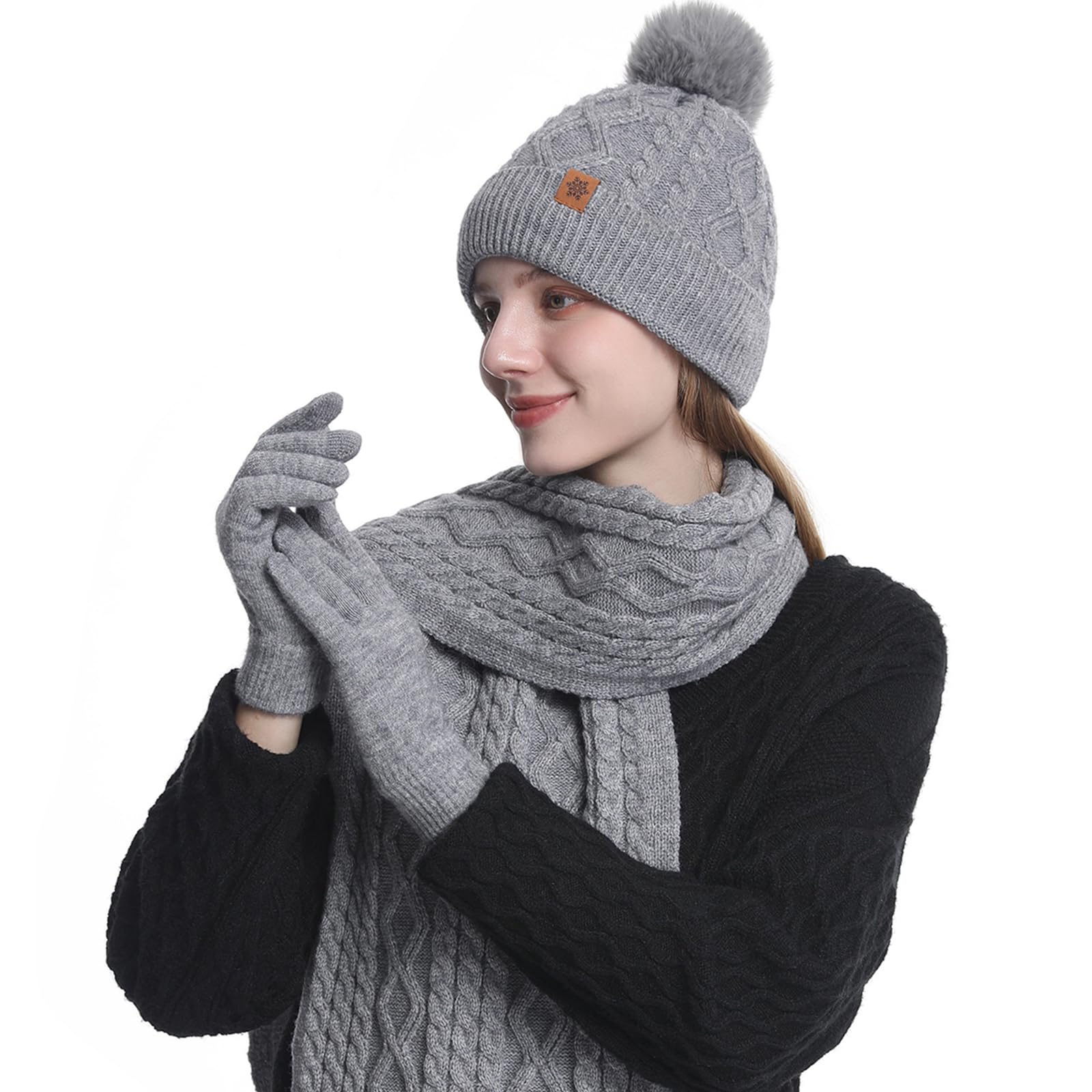 MAZELIKEHOOD Set Sciarpa Cappello Guanti Donna Inverno Caldo Cappello di Bobble con Sciarpa a Maglia e Guanti Tessuto Morbido e Comodo Moda Accessori Invernale Ideale per Regalo di Natale