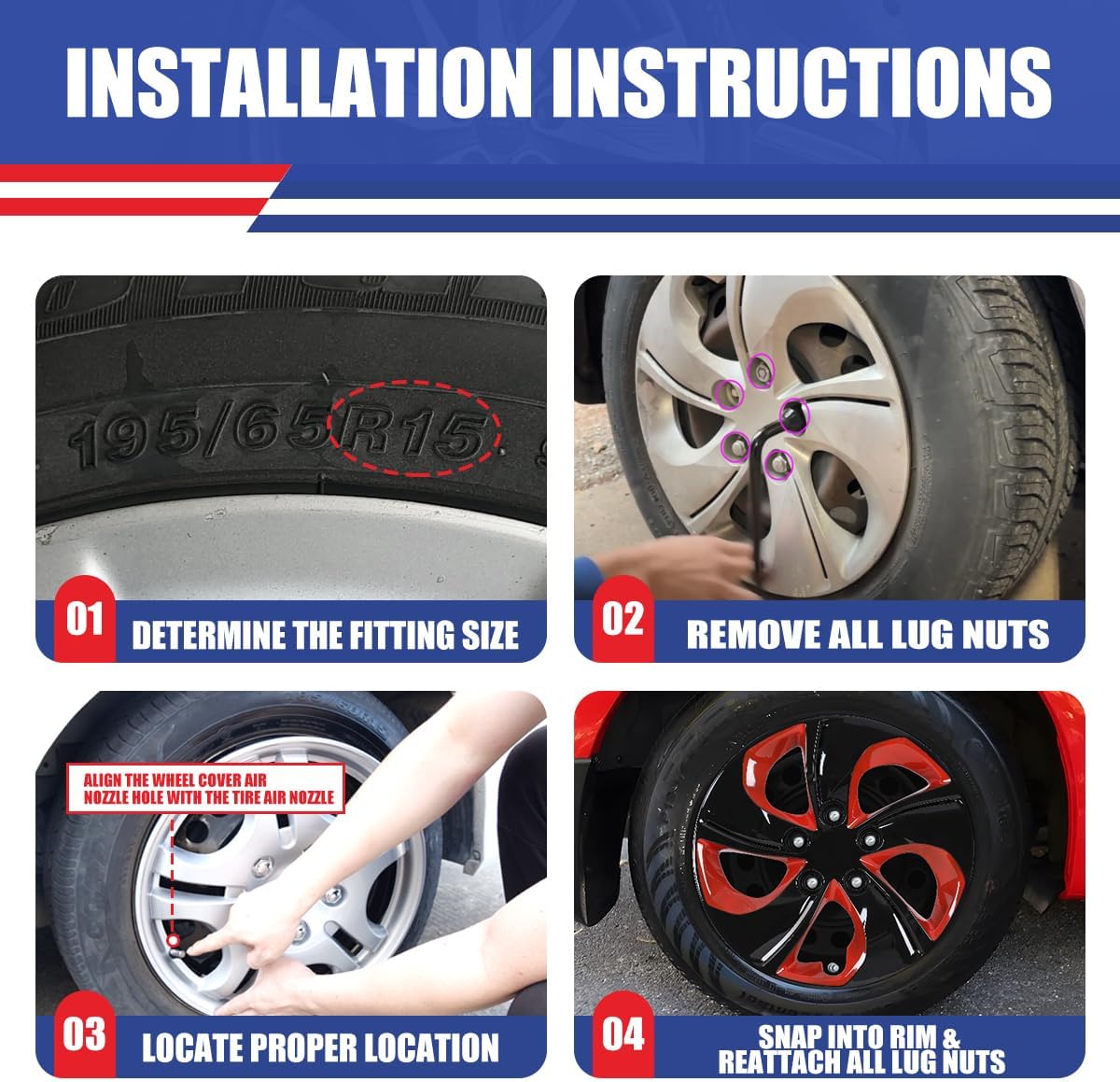 15" Hubcaps, 15 inch Wheel Rims Cover for 2013 2014 2015 Civic, Bolt On Installation Wheel Cover, ABS+PC Material, 4 Packs, Black & Red Lacquer