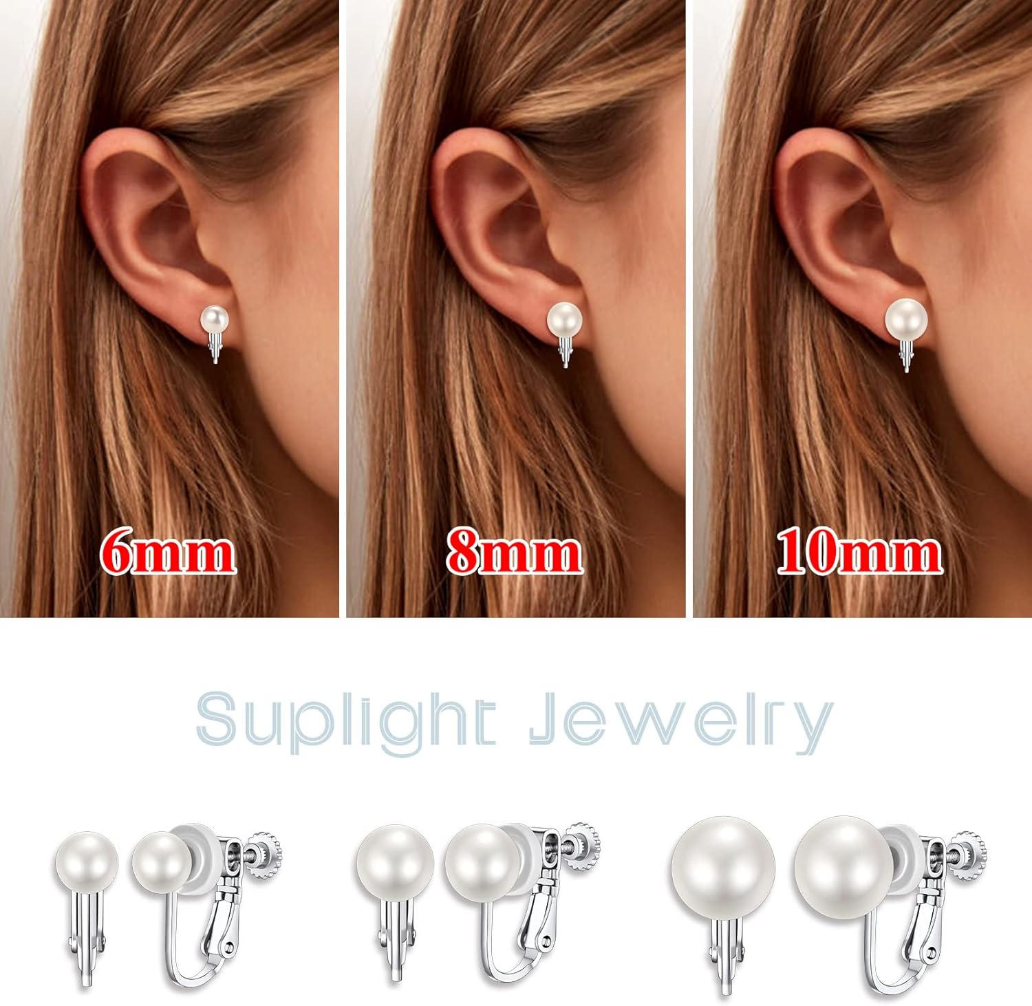 Suplight 925 Stelring Silver Freshwater Pearl Non Piercing Clip On Pearl Earrings 6-8-10 mm Earrings Stud Jewelry for Women (with Gift Box)