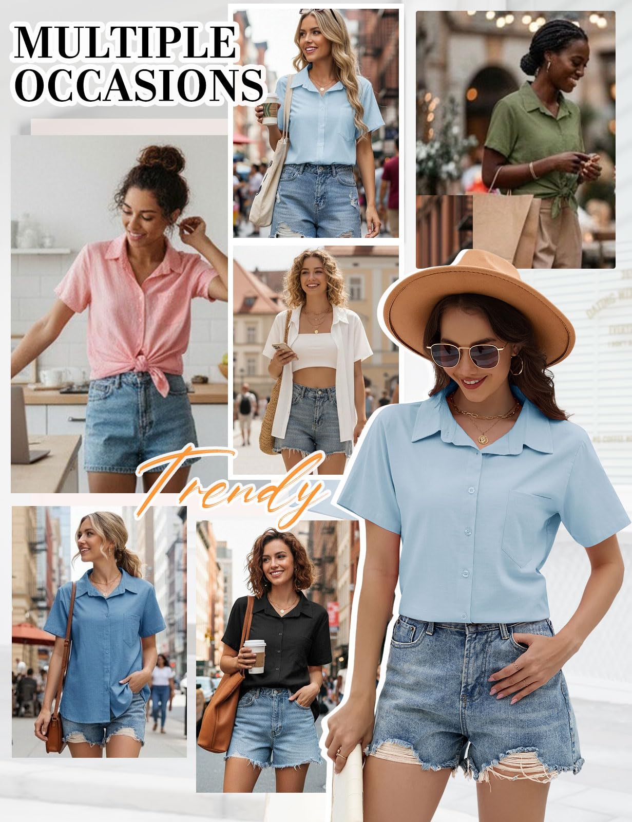 Yuson Girl Chemisier Femme Manche Courte Blouse Été en Lin Coton Chemise Col en V Boutonnée Hauts Couleur Unie Élégantes Chemiser Tops Décontracté Ample Tunique T-Shirt