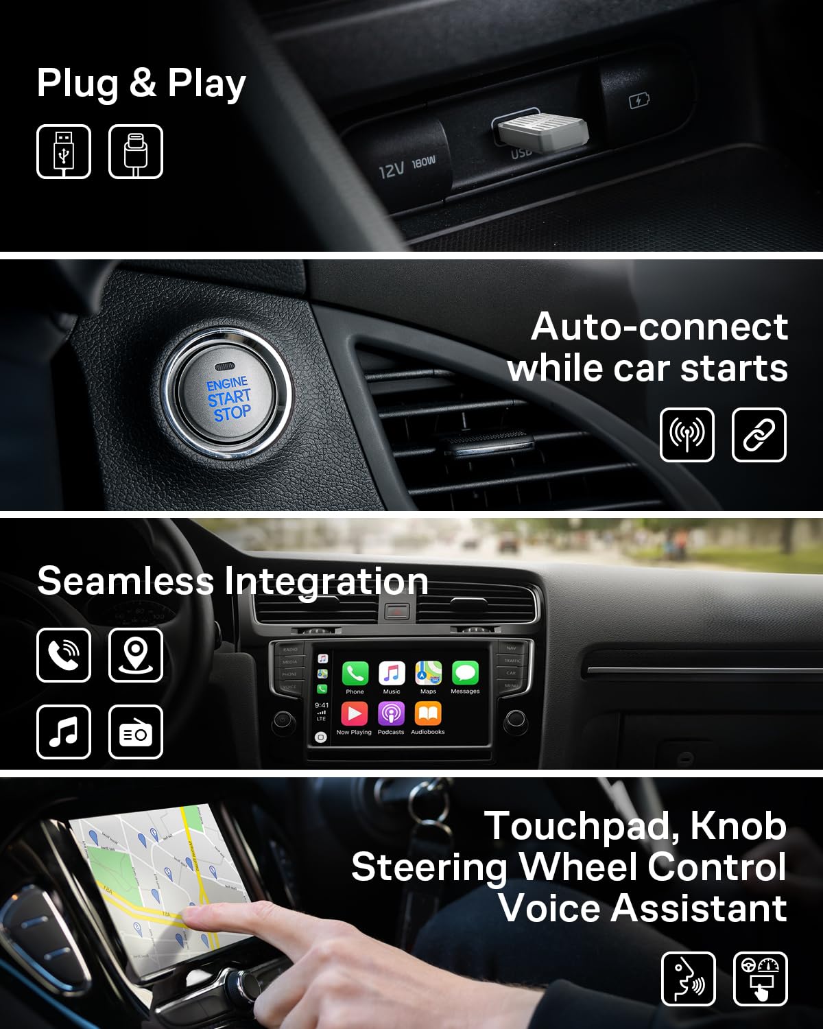 StageSound Mini bezprzewodowy adapter CarPlay & Android od Wired CarPlay na bezprzewodowy, Plug & Play, niskie opóźnienia, stabilne połączenie, złącze USB-A/C, kompatybilny z iPhone i Android