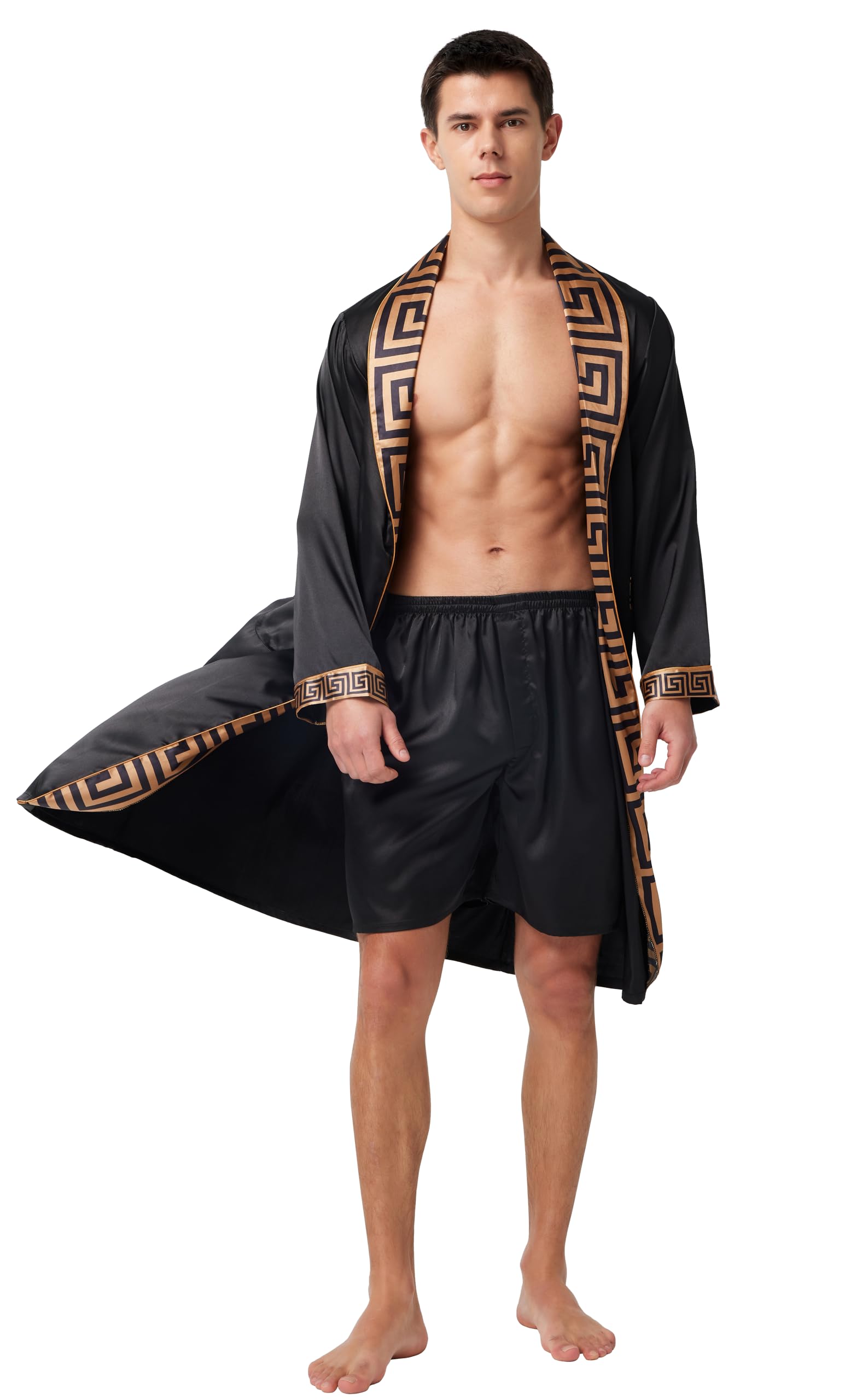 Mens Satin Robe Long Sleeve Silk Kimono Bathrobe with Shorts Set Sleepwear