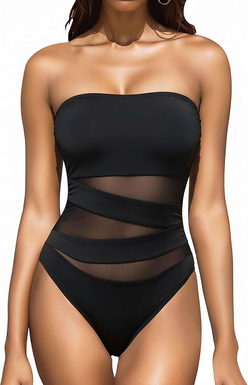 Holipick Women Strapless Bandeau One Piece Swimsuits Sexy Mesh Cutout Bathing Suits Tummy Control Swimwear