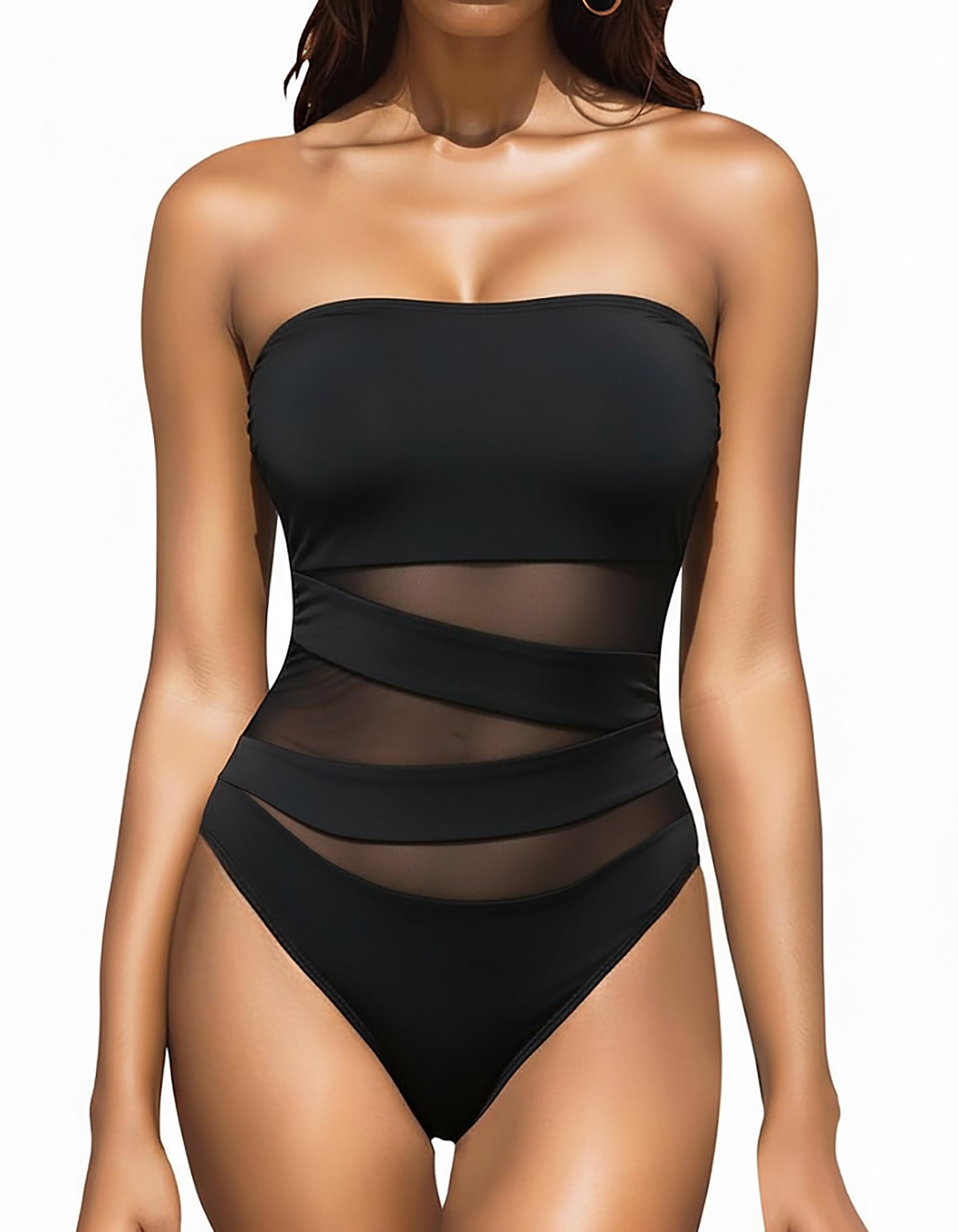 Holipick Women Strapless Bandeau One Piece Swimsuits Sexy Mesh Cutout Bathing Suits Tummy Control Swimwear