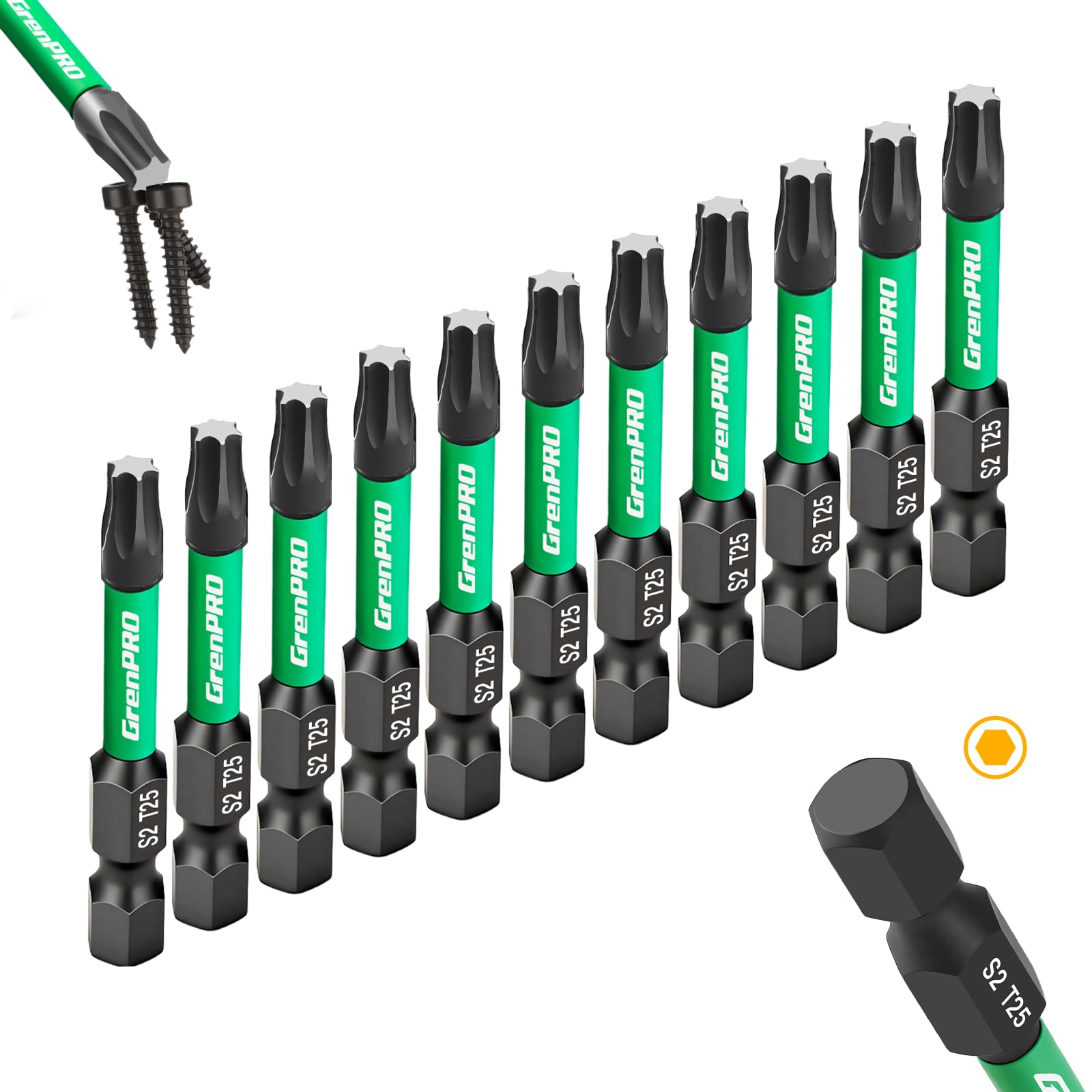 GRENPRO 11Pcs Impact Torx Bits T25, 2" S2 Steel Magnetic Screwdriver Bits