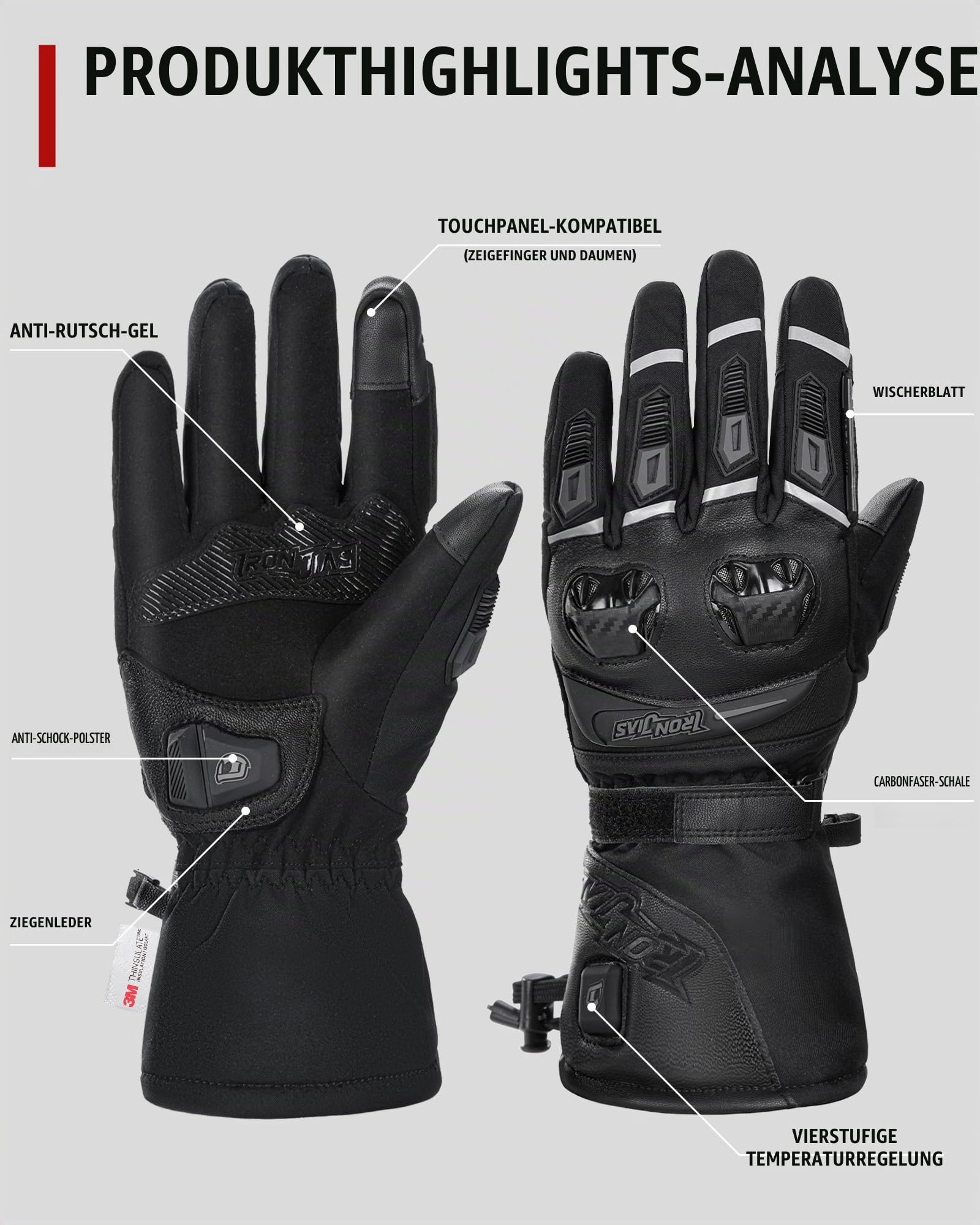 IRON JIA'S Beheizbare motorradhandschuhe 3000mAh 2025 Upgrade Intelligente Temperaturregelung,beheizbare Handschuhe USB für Herren Damen,Warme Outdoor Winter Motorradhandschuhe mit 4 Heizstufen