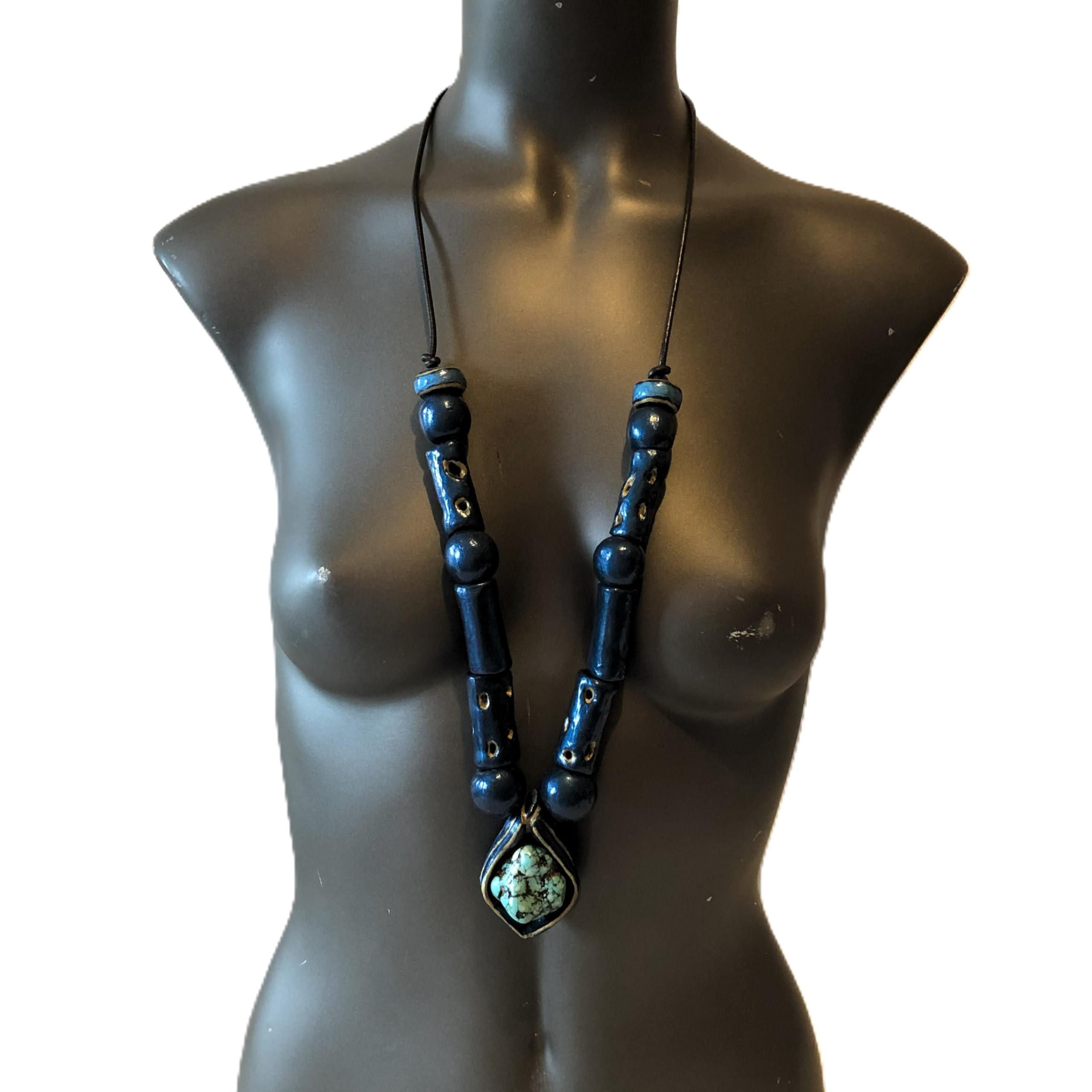 Genérico Collar largo y grueso de estilo étnico con turquesa natural