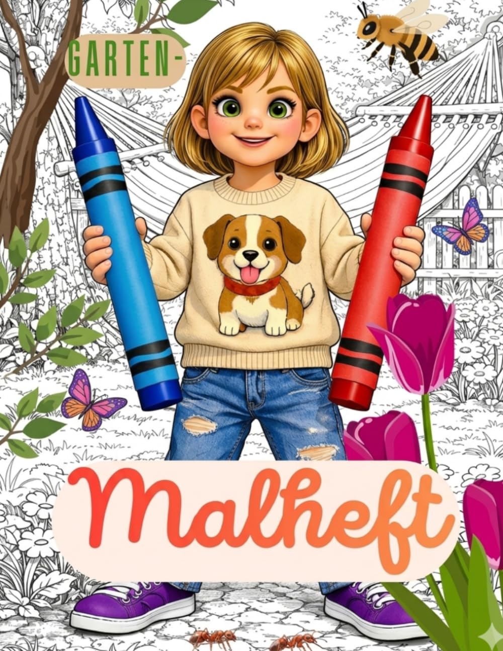 Garten-Malheft: Malbuch für Kinder, rund um den Garten, Natur, Haustiere, Blumen, Entspannung, besondere, realistische Bilder, Auszeit, 80 unterschiedliche Motive für Kinder