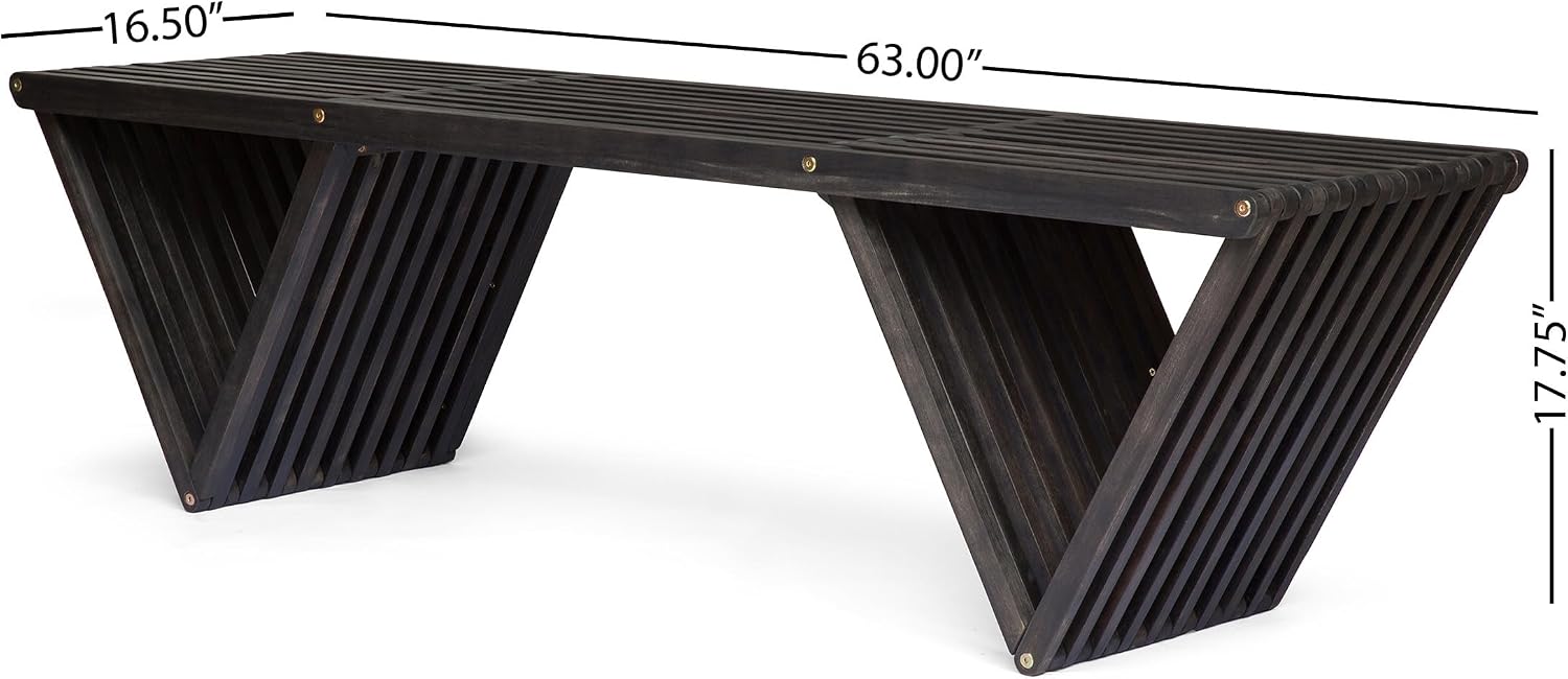 Outdoor Bench， Acacia Wood Patio Bench with Transitional Slat Design， 63 Inch Modern Garden Bench for Porch Backyard， Easy Assembly in Single Box