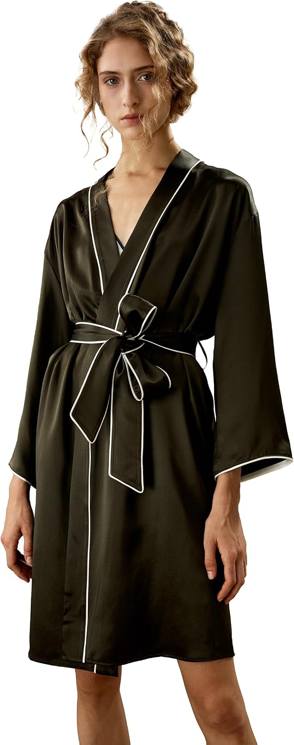 LilySilk Womens Silk Robe Ladies Long Sleeves Contrast Piping Nightwear with belt Sleepwear Loungewear Home