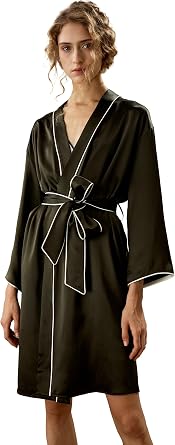 LilySilk Womens Silk Robe Ladies Long Sleeves Contrast Piping Nightwear with belt Sleepwear Loungewear Home